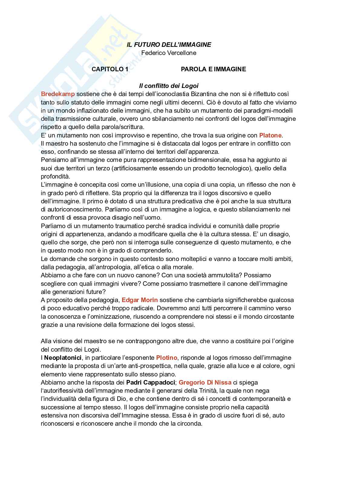 Riassunto esame Estetica, Prof. Curtis Giovanni, libro consigliato Il futuro dell’Immagine , Vercellone  Pag. 1