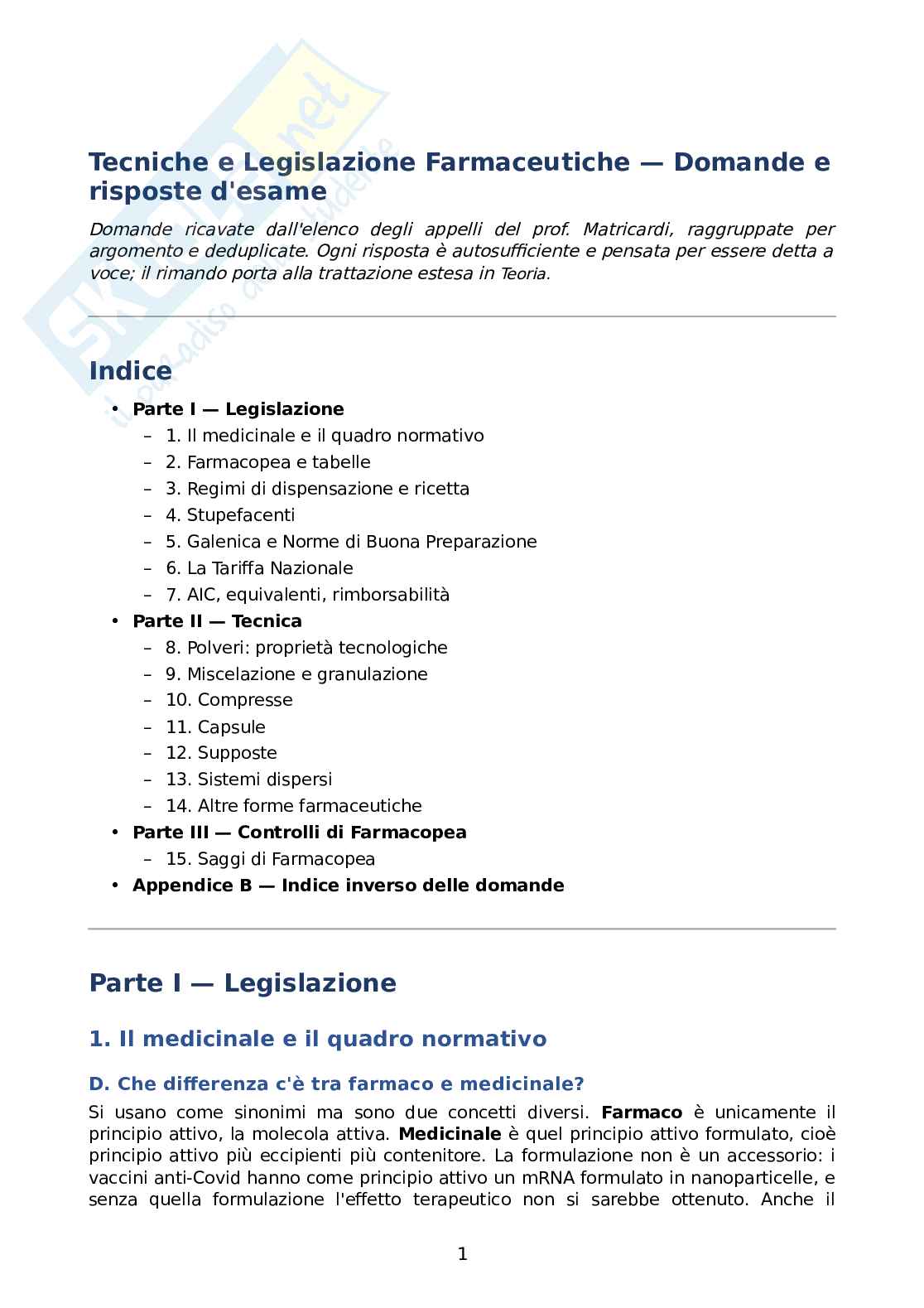 Domande d’esame + risposte con rimandi alla teoria di Tecnologia e legislazione farmaceutica con laboratorio di preparazioni galeniche Pag. 1