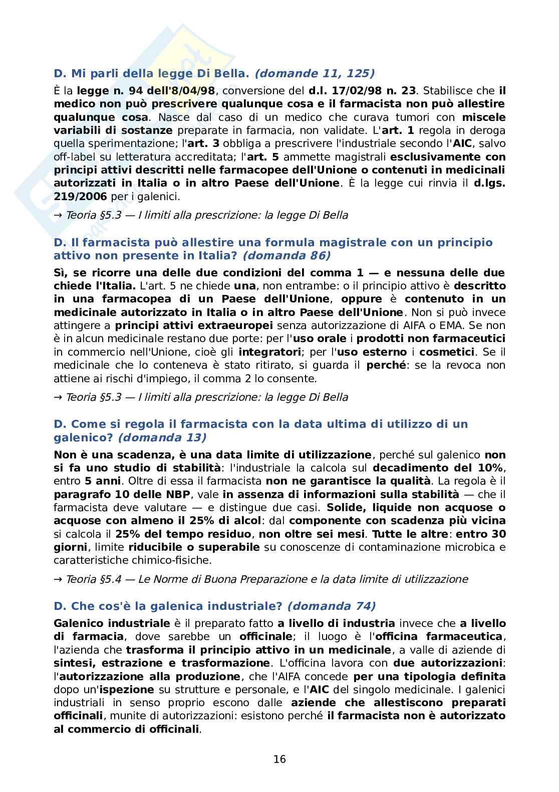 Domande d’esame + risposte con rimandi alla teoria di Tecnologia e legislazione farmaceutica con laboratorio di preparazioni galeniche Pag. 16