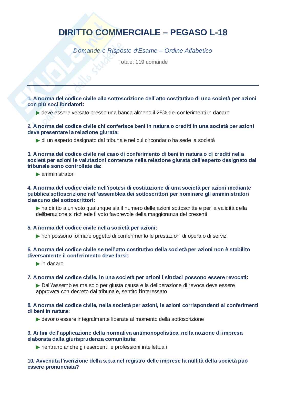 Domande e Risposte Diritto commerciale, ordine alfabetico 2025 Pag. 1