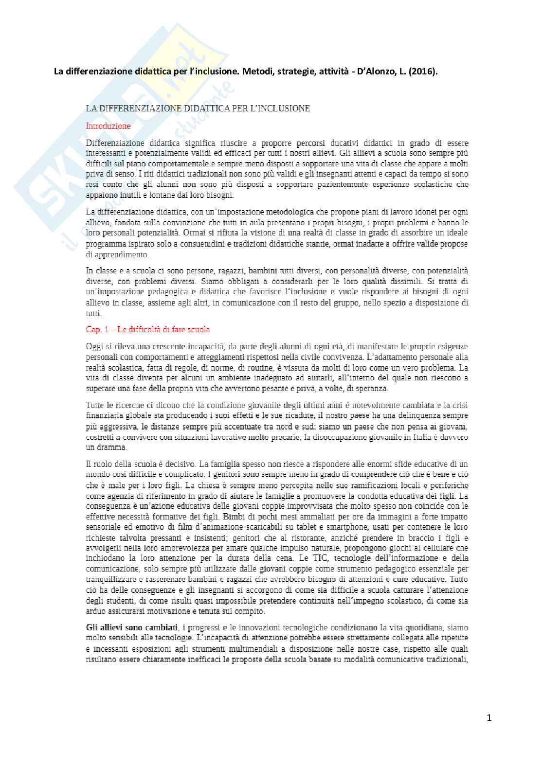 Riassunto Pedagogia e Didattica Speciale, prof Bellacicco, libro consigliato La differenziazione didattica, D'Alonzo Pag. 1