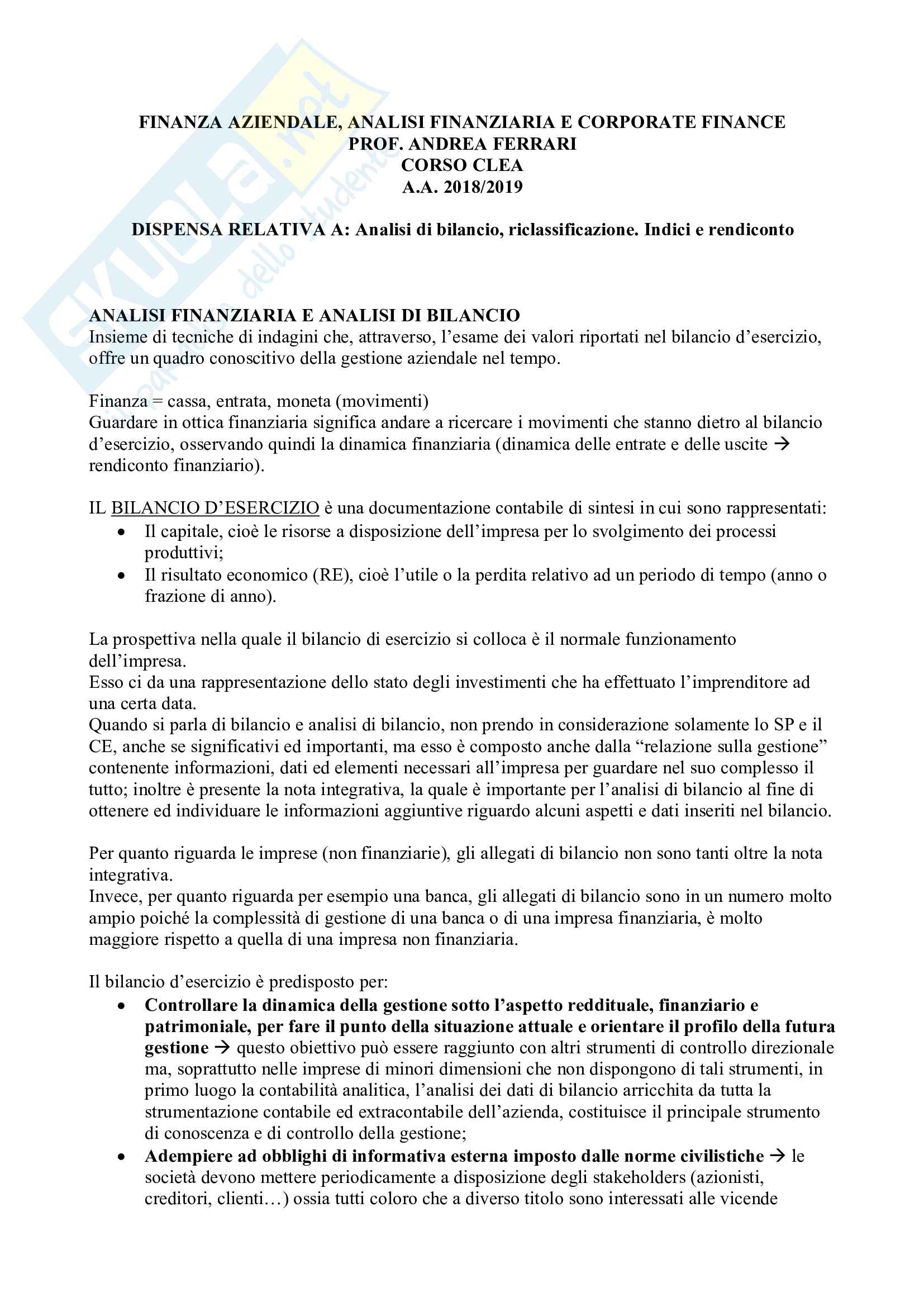 Finanza aziendale: analisi di bilancio, riclassificazione, indici e rendiconto finanziario Pag. 1