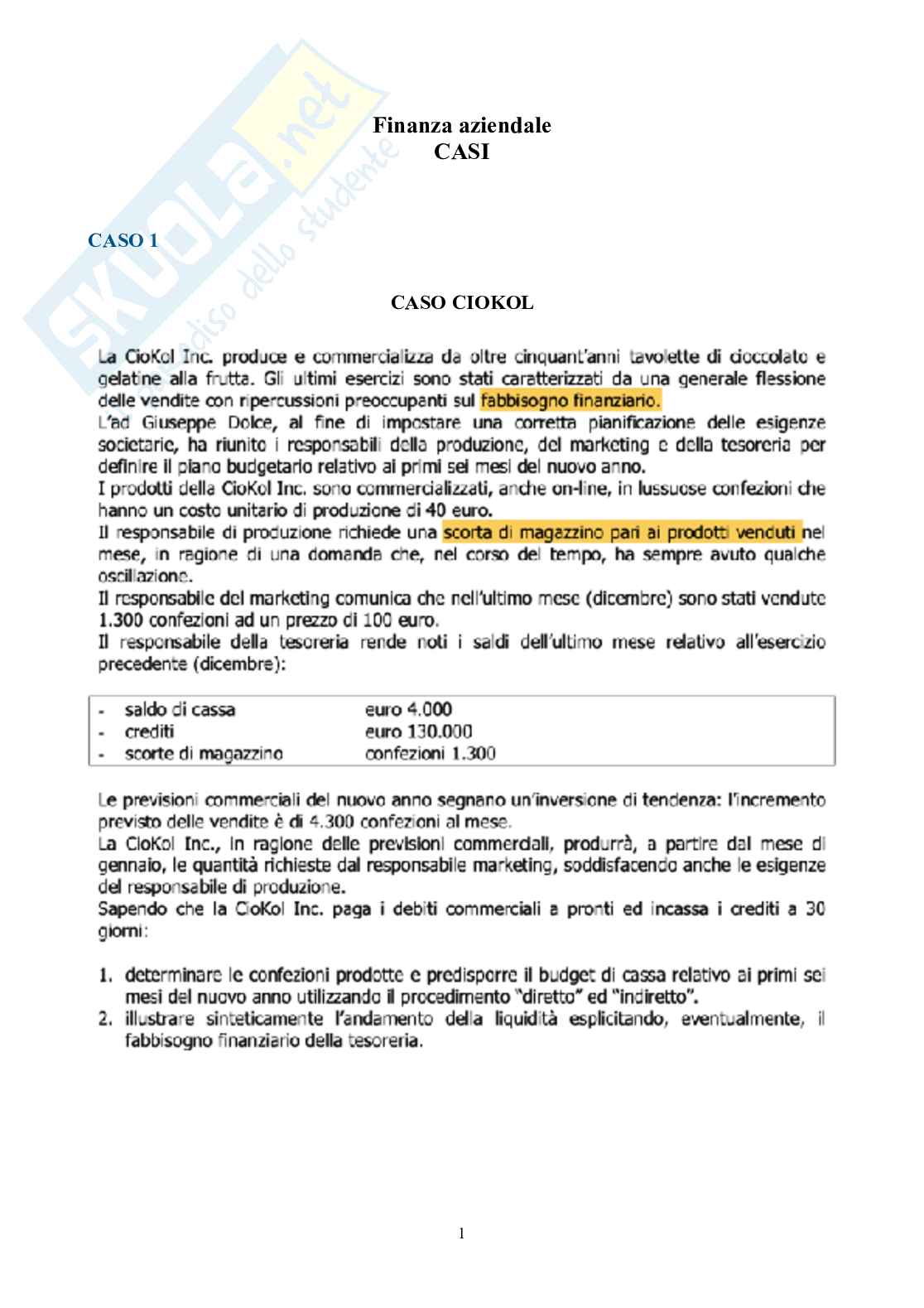 Finanza aziendale – Parte 2 – 8 casi svolti (budget, VAN, TIR, scenari, CAPM) Pag. 1