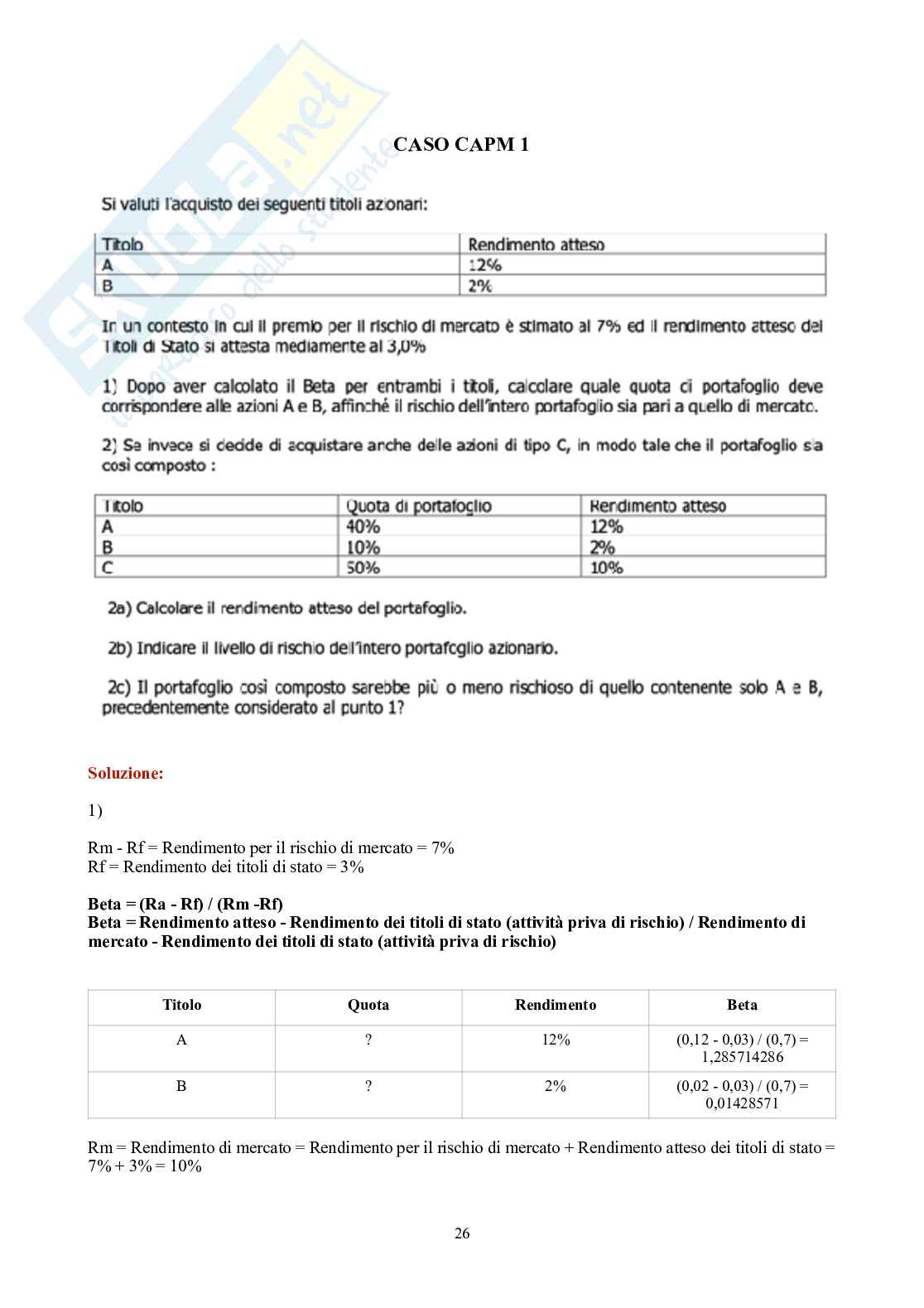 Finanza aziendale – Parte 2 – 8 casi svolti (budget, VAN, TIR, scenari, CAPM) Pag. 26