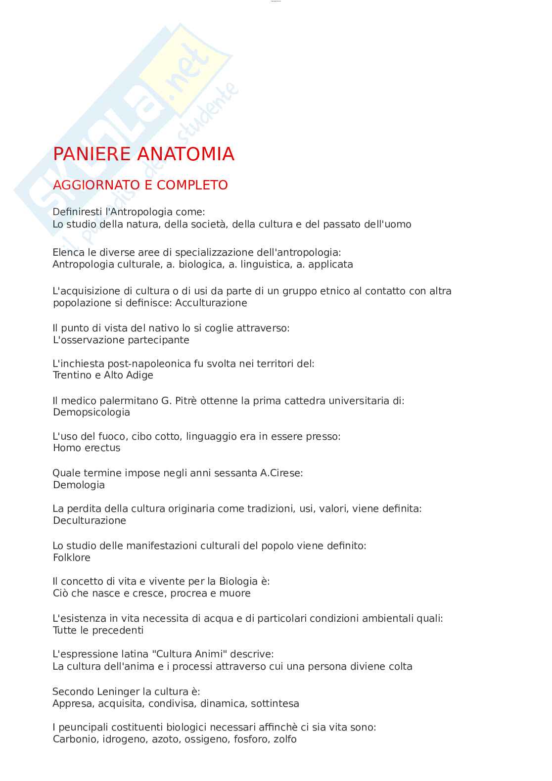 Paniere esame Anatomia umana Pag. 1