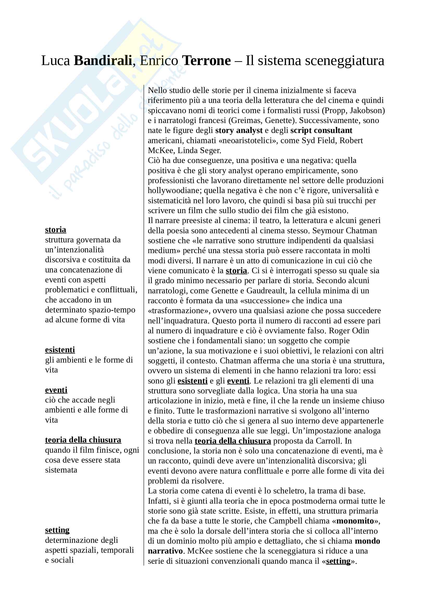 Riassunto esame Teorie e tecniche del linguaggio audiovisivo, prof. Bandirali, libro consigliato l sistema sceneggiatura di Luca Bandirali ed Enrico Terrone Pag. 1