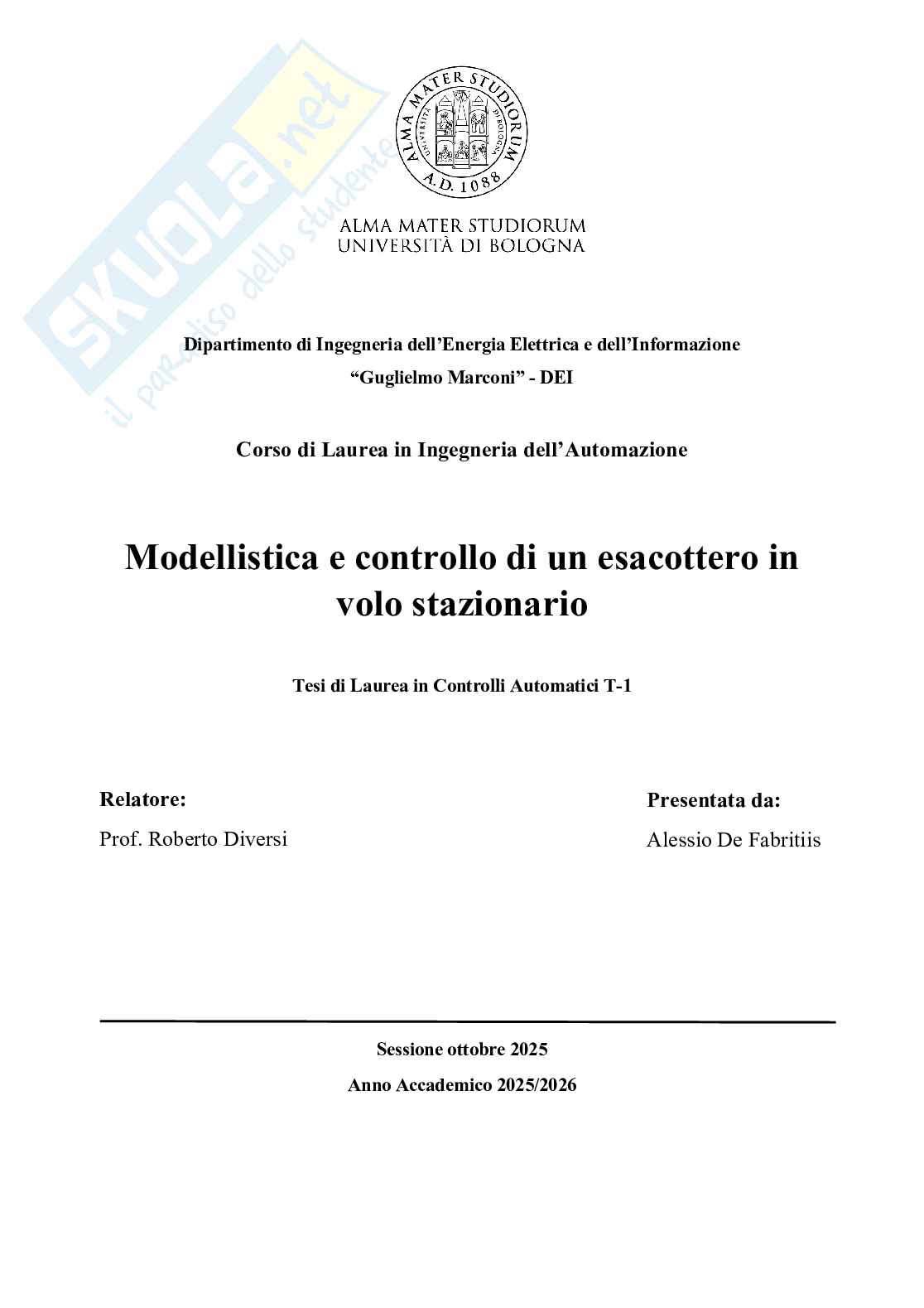 Modellistica e controllo di un esacottero in volo stazionario Pag. 1