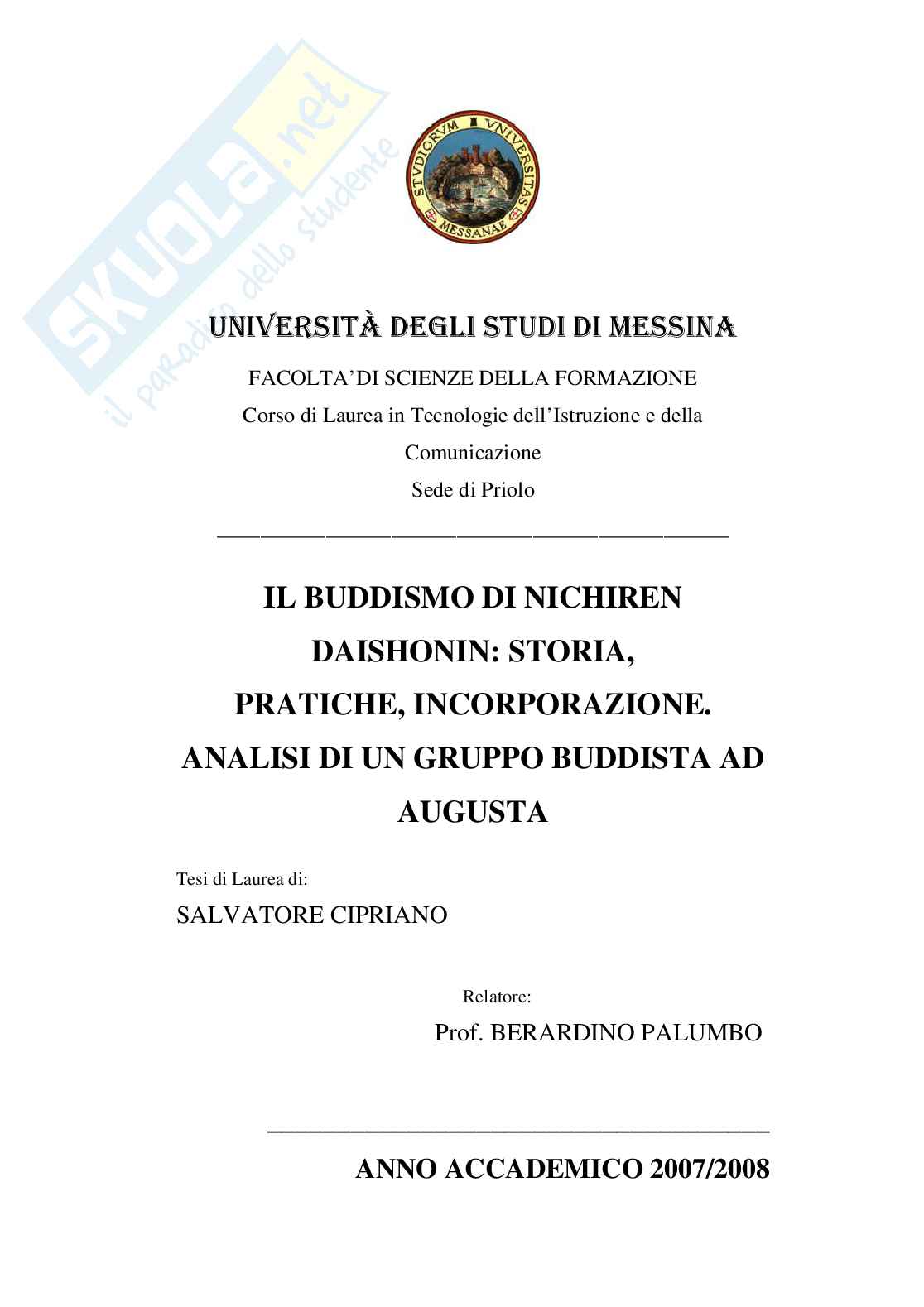 Il Buddismo di Nichiren Daishonin. Analisi di un gruppo buddista ad Augusta Pag. 1