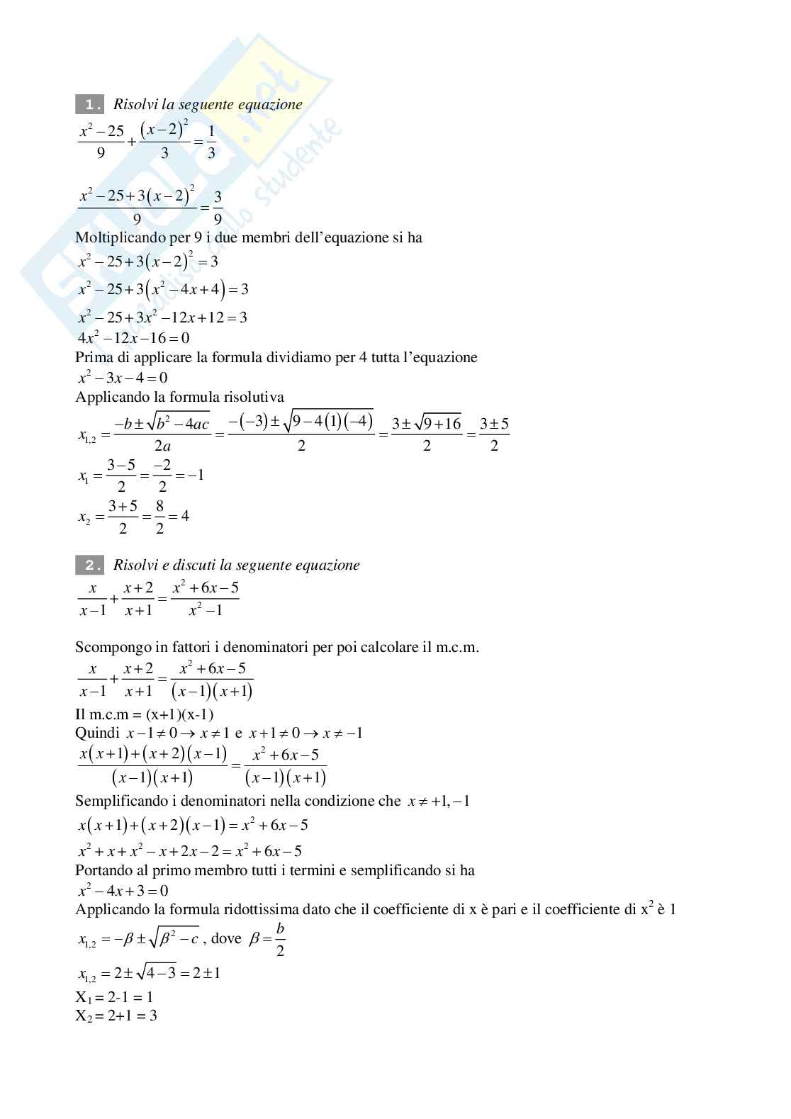Compito in classe II liceo scientifico: equazioni di secondo grado Pag. 2