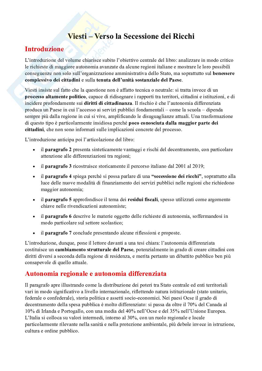 Riassunto esame Governo locale, Prof. Pasini Nicola, libro consigliato Seccessione dei ricchi, Viesti Pag. 1