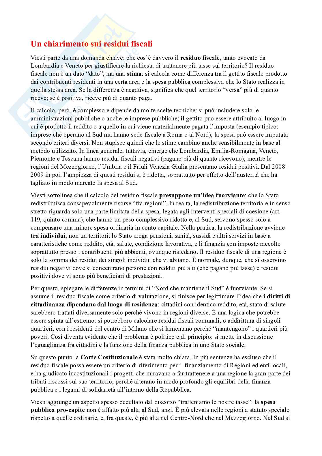 Riassunto esame Governo locale, Prof. Pasini Nicola, libro consigliato Seccessione dei ricchi, Viesti Pag. 6