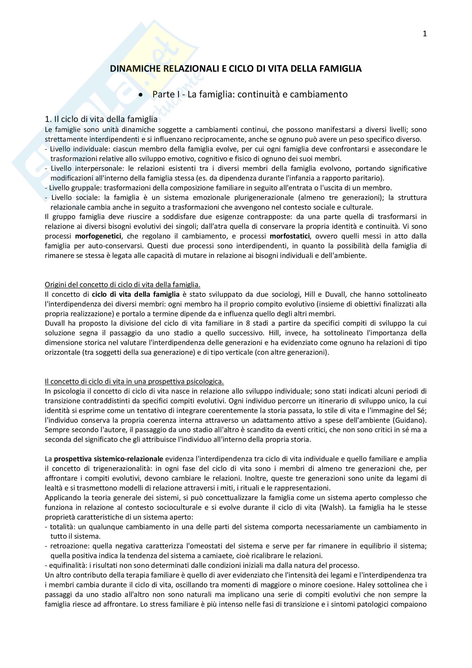 Riassunto per l'esame di Normalità e patologia delle relazioni familiari della prof. Carli, libro consigliato Dinamiche relazionali e ciclo di vita della famiglia Pag. 1