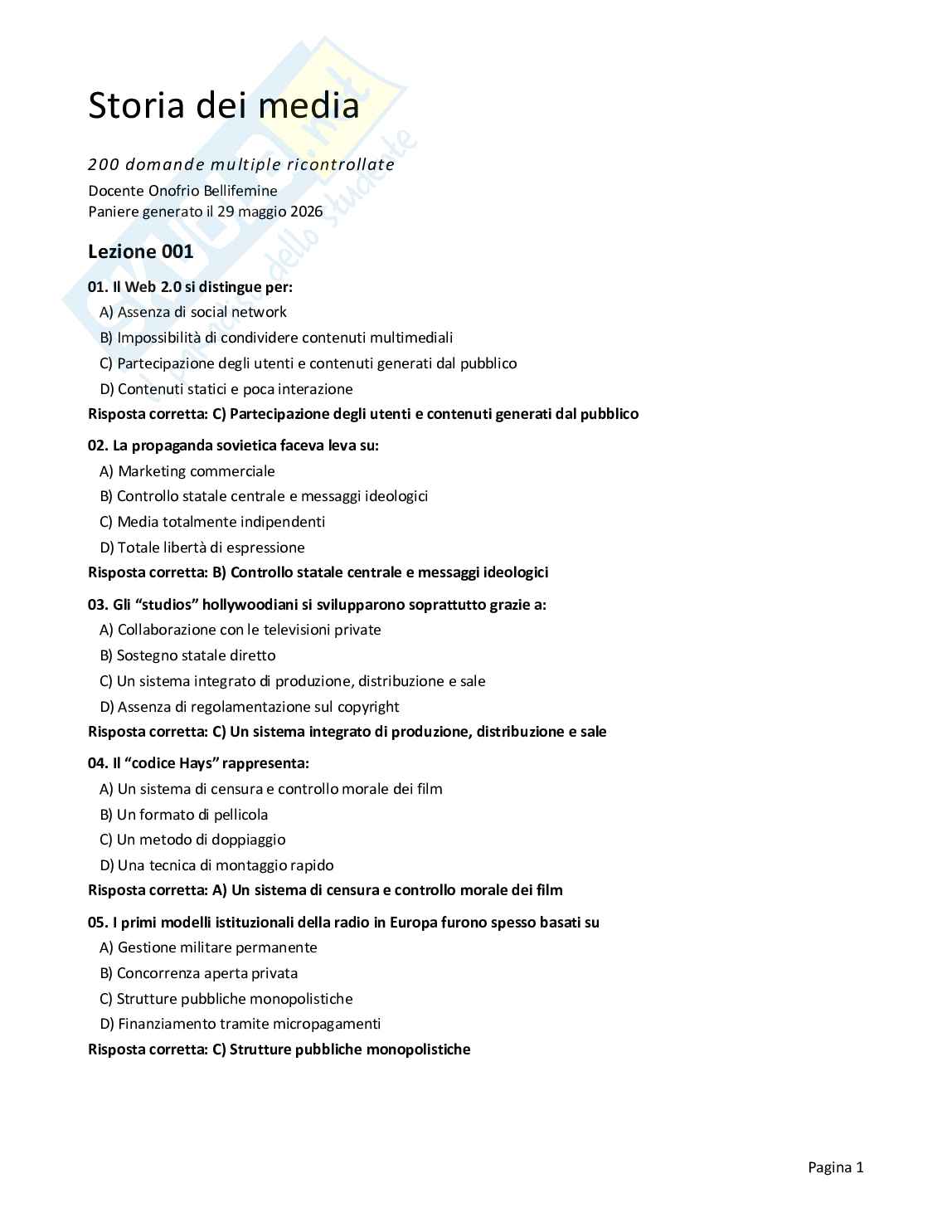 Quiz risolti Storia dei media, 2026 Pag. 1