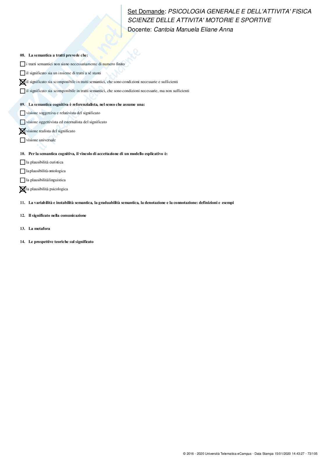 Set Domande Paniere Risposte Chiuse Psicologia Generale e dell'Attività Fisica Pag. 71