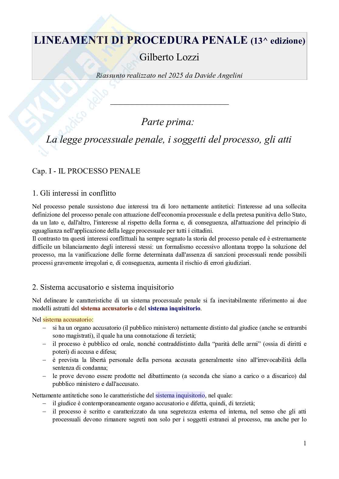 Riassunto esame Diritto processuale penale, Prof. Camaldo Lucio Bruno Cristiano, libro consigliato Lineamenti di procedura penale (13^ edizione, 2025), Lozzi Pag. 1