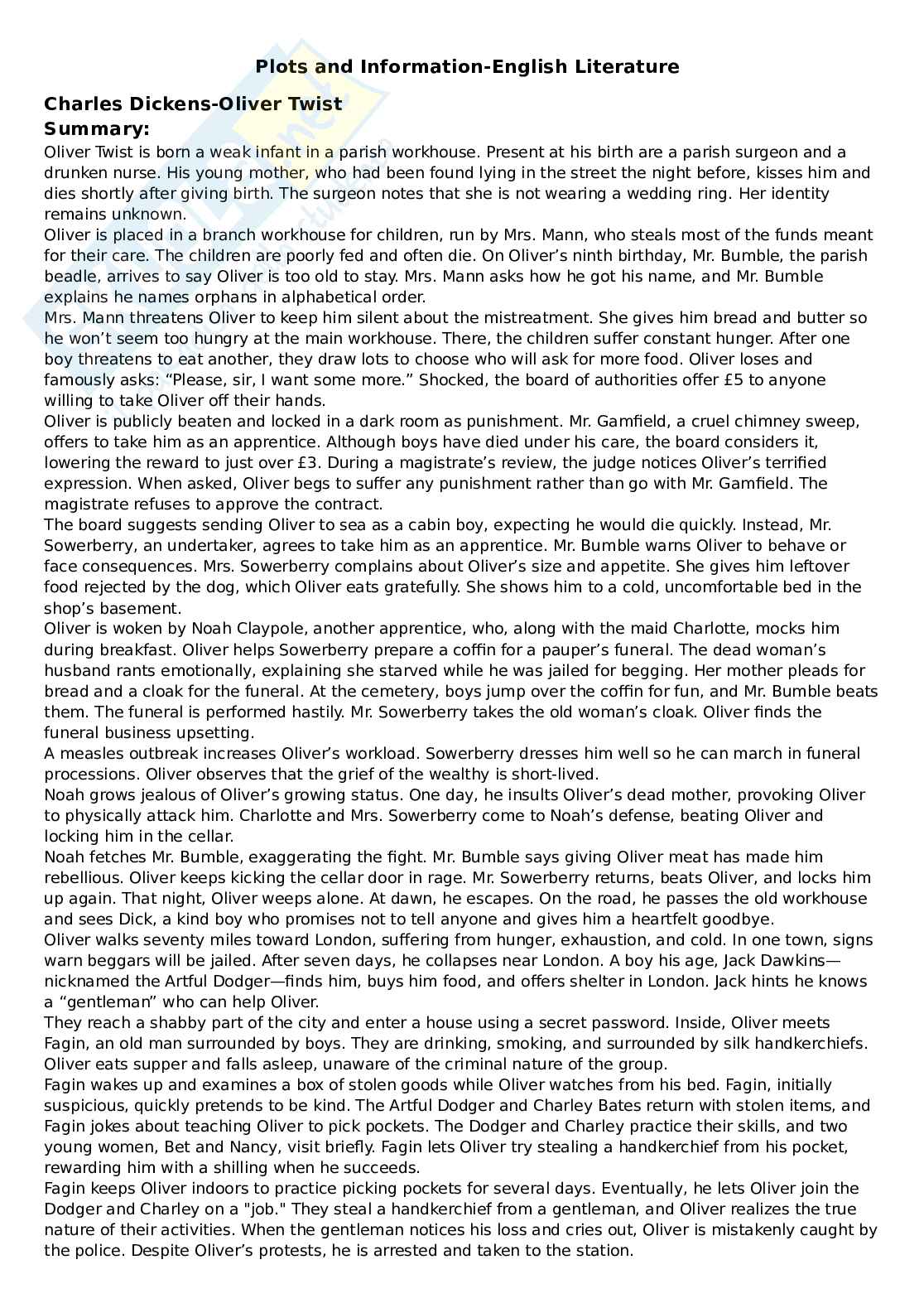 Appunti di Letteratura inglese sulla trama e i personaggi di Oliver Twist e Hard Times Pag. 1