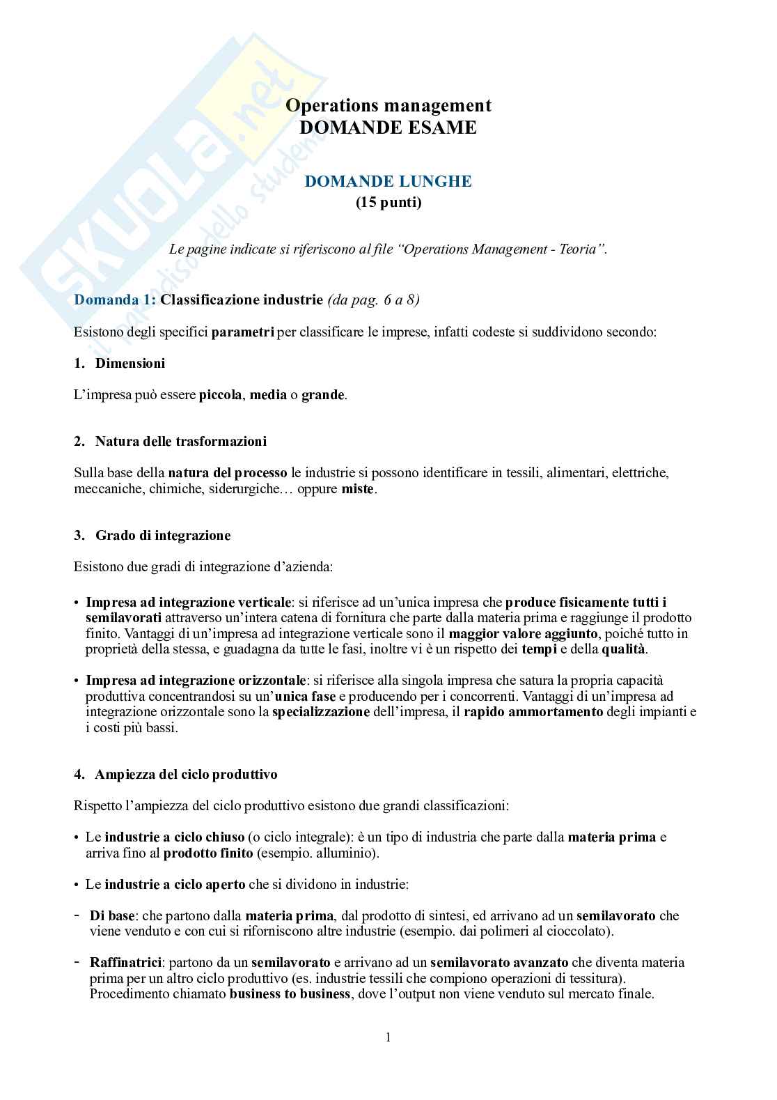 Operations Management – Domande lunghe e corte dell'esame con risposta Pag. 1