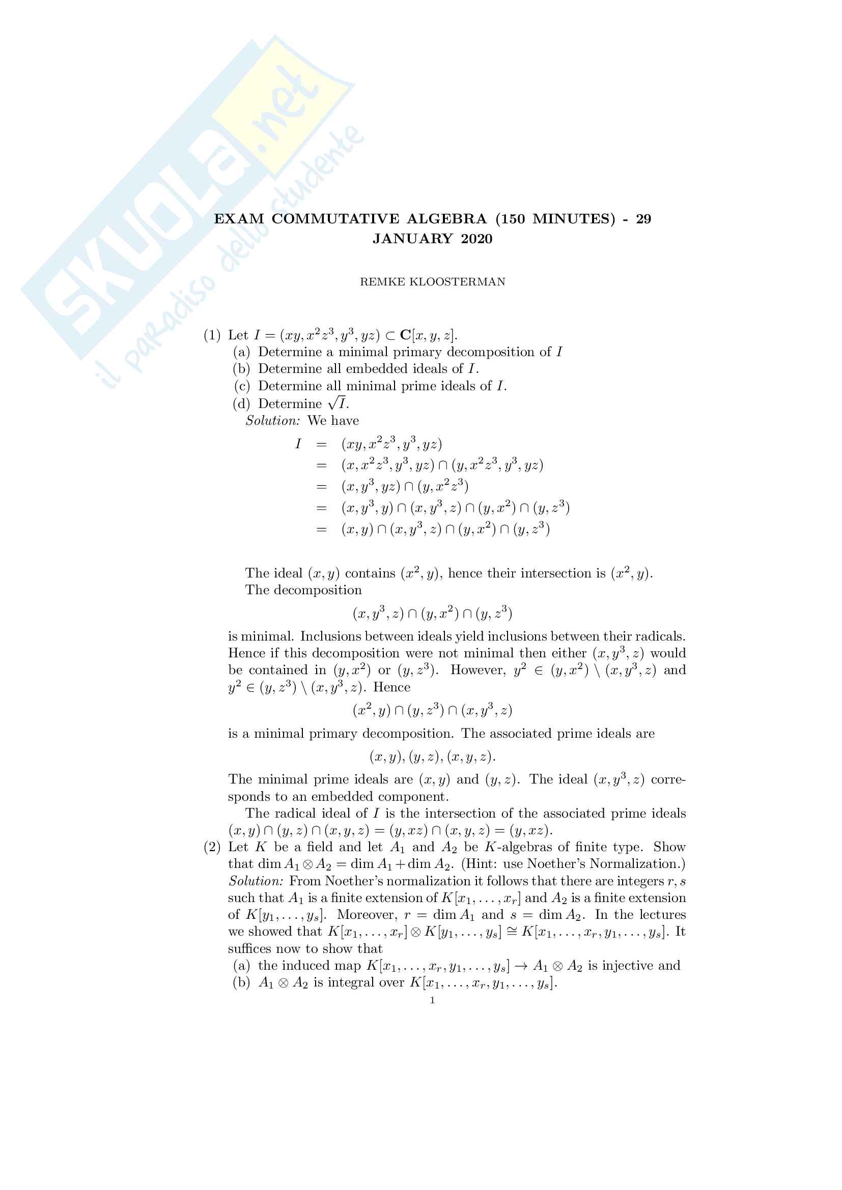 Esame gennaio 2020, Commutative Algebra, Kloosterman Pag. 1