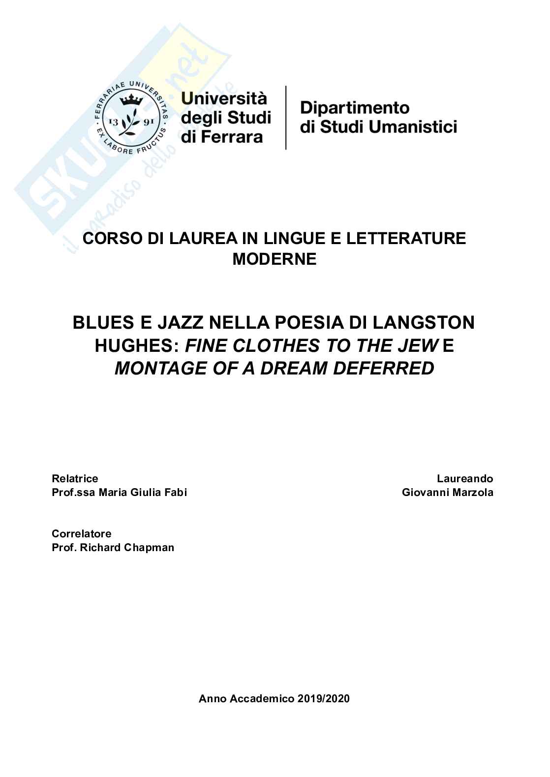 Blues e jazz nella poesia di Langston Hughes: fine clothes to the jew e montage of a dream deferred Pag. 1