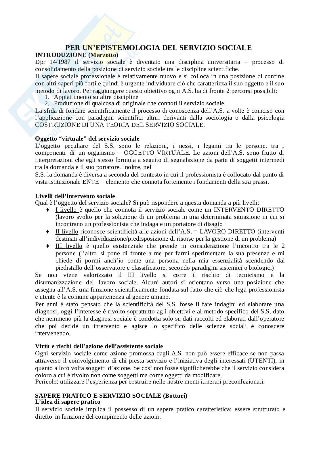 Riassunto esame biografia, cultura e servizio sociale, prof. Bini, libro consigliato Per un epistemologia del servizio sociale, Marzotto Pag. 1