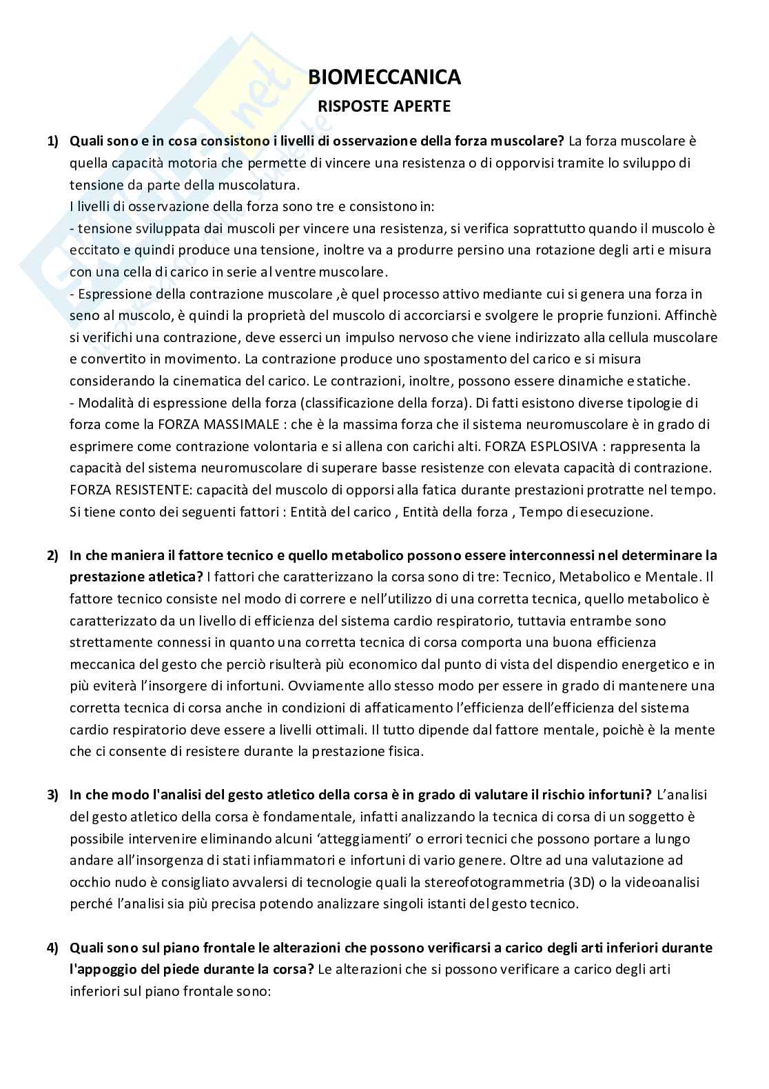 Set Domande Paniere Risposte Aperte Biomeccanica Pag. 1