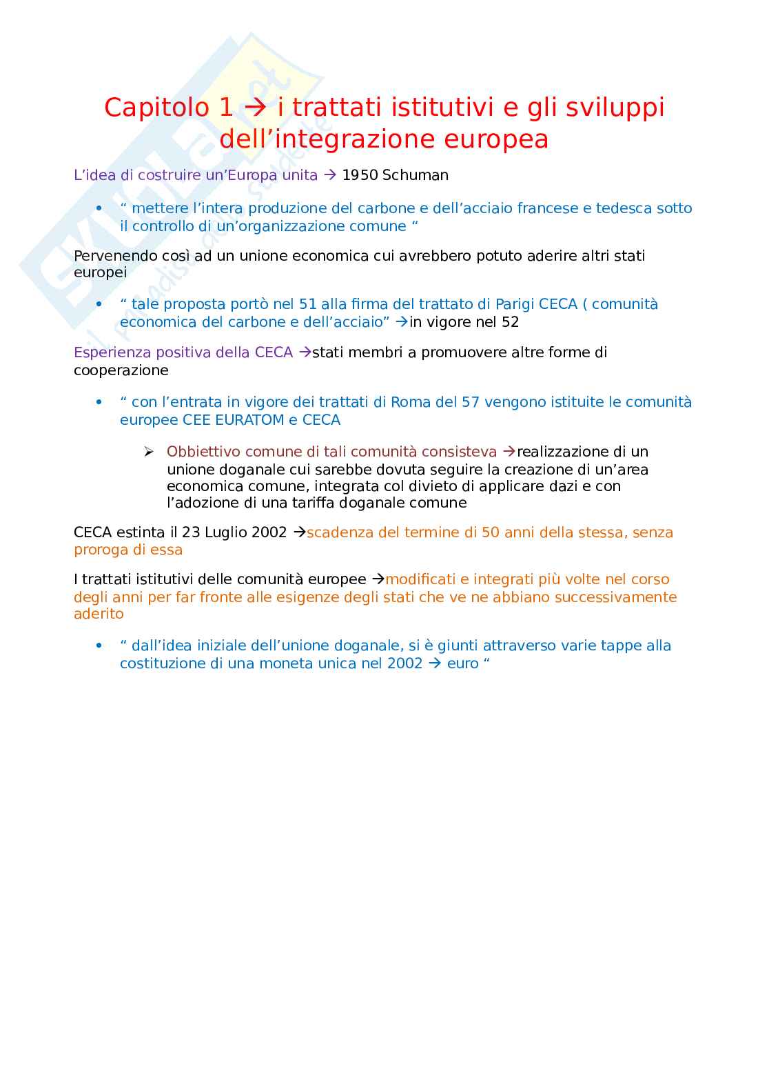 Riassunto esame Diritto dell'Unione Europea, prof