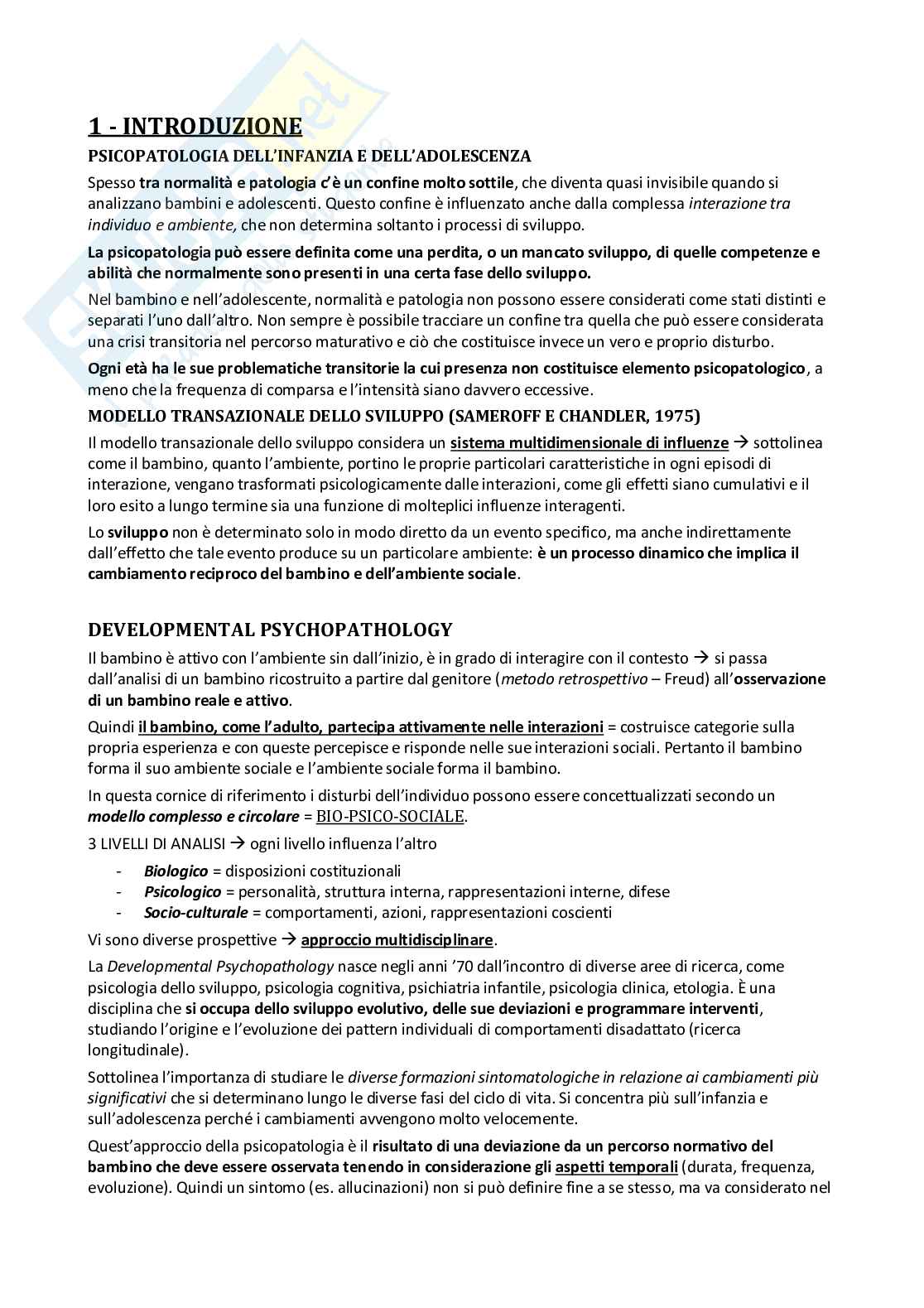 Riassunto esame Psicologia dinamica dell'Infanzia e dell'adolescenza, prof. Sechi, libri consigliati Manuale di psicopatologia dell'infanzia, Tambelli; Manuale di psicopatologia dell'adolescenza, Ammaniti Pag. 1
