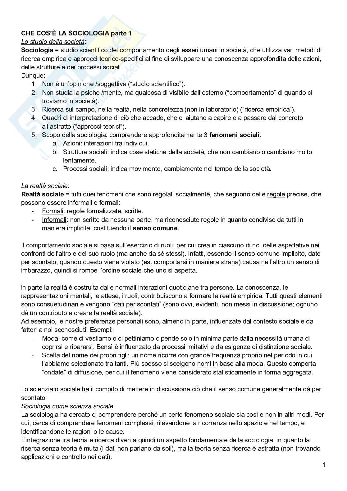 Riassunto esame Sociologia , Prof. Corradi Consuelo, libro consigliato Sociologia, Ambrosini, Sciolla Pag. 1