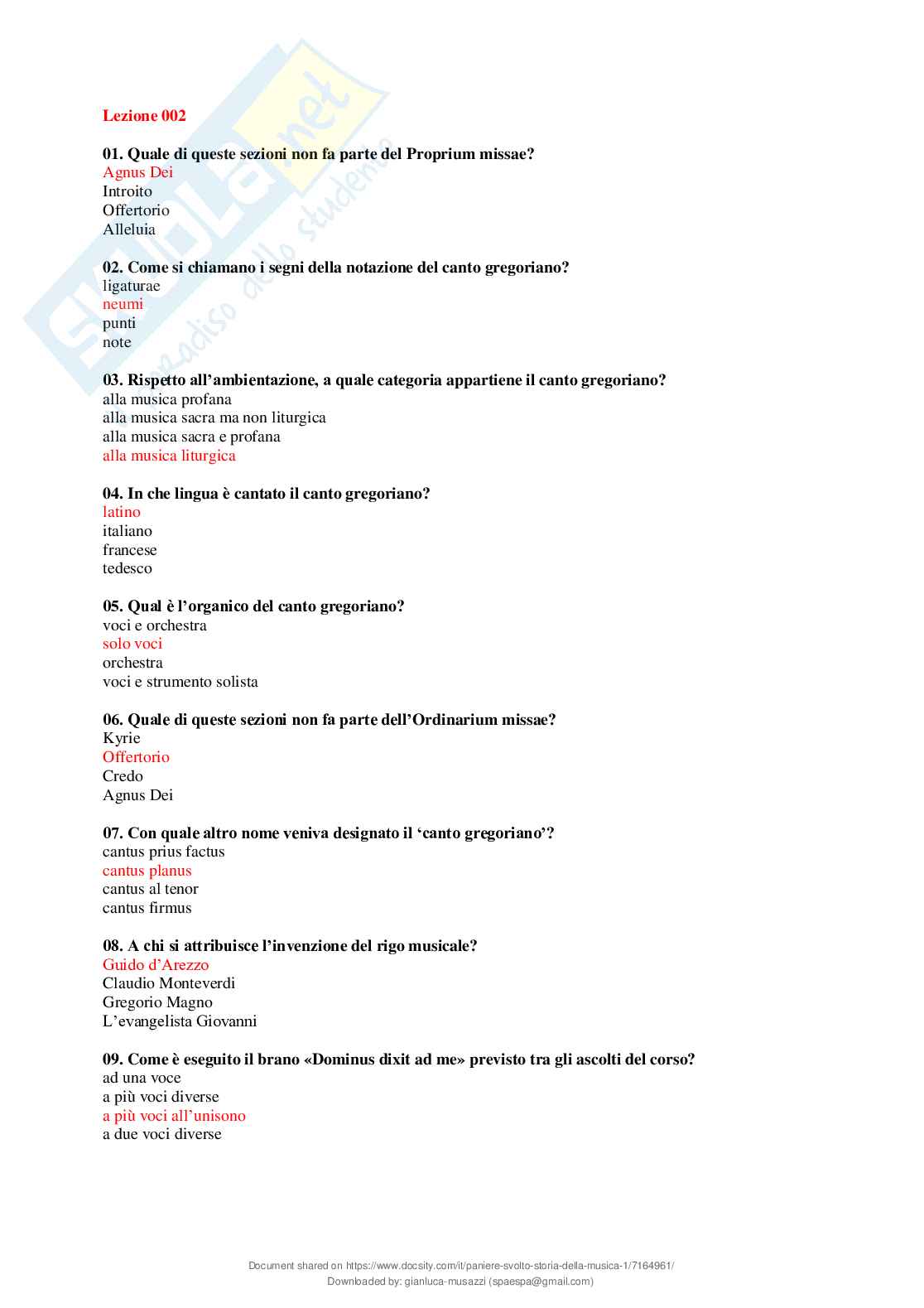 Paniere chiuse svolte Storia della musica Pag. 1