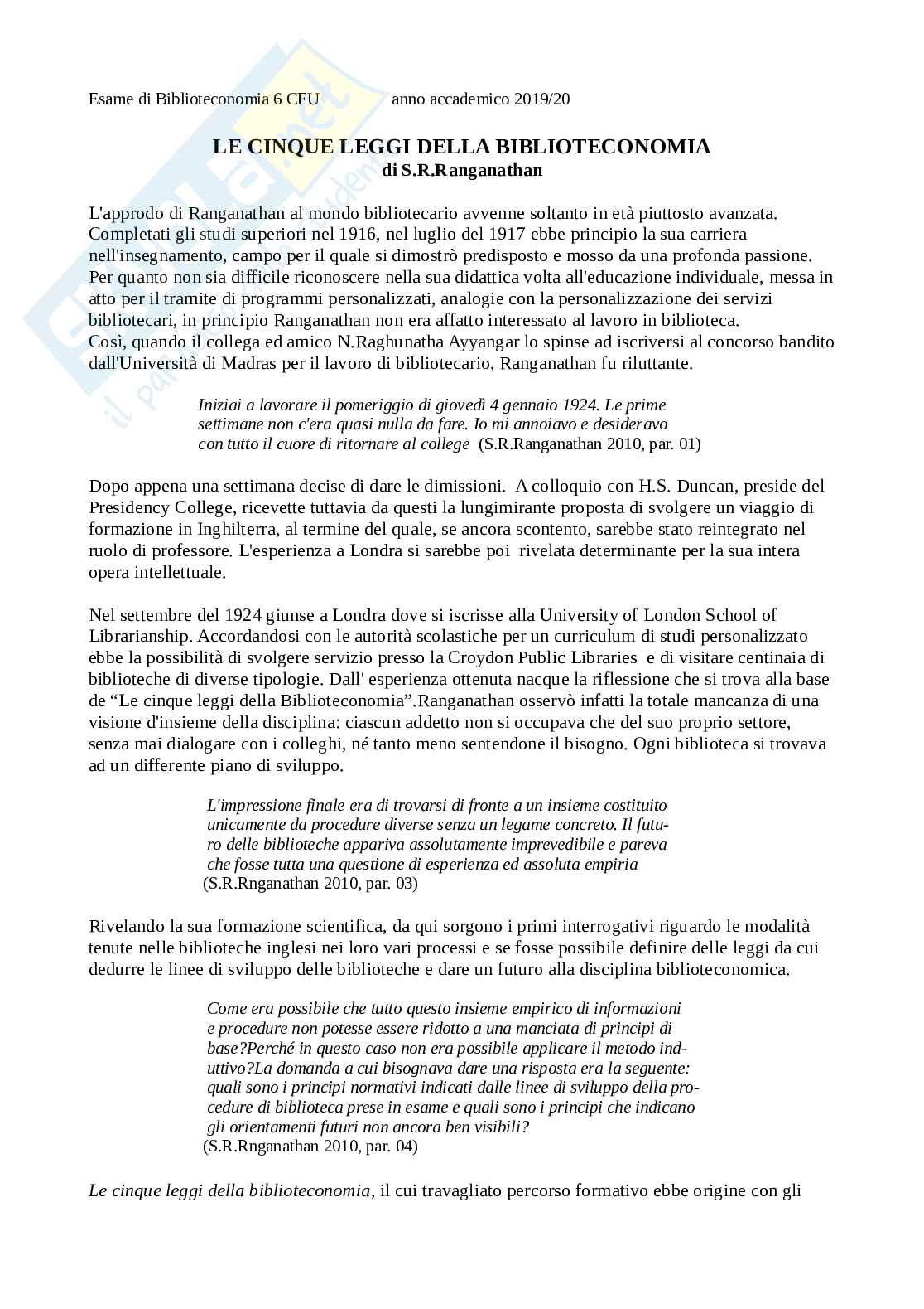 Approfondimento su Ranganathan, Le Cinque leggi della biblioteconomia Pag. 1