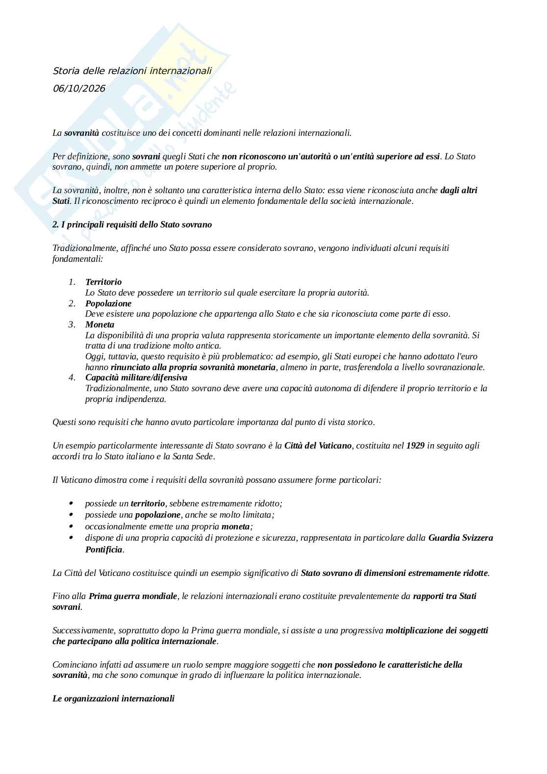 Storia delle relazioni internazionali  Pag. 1
