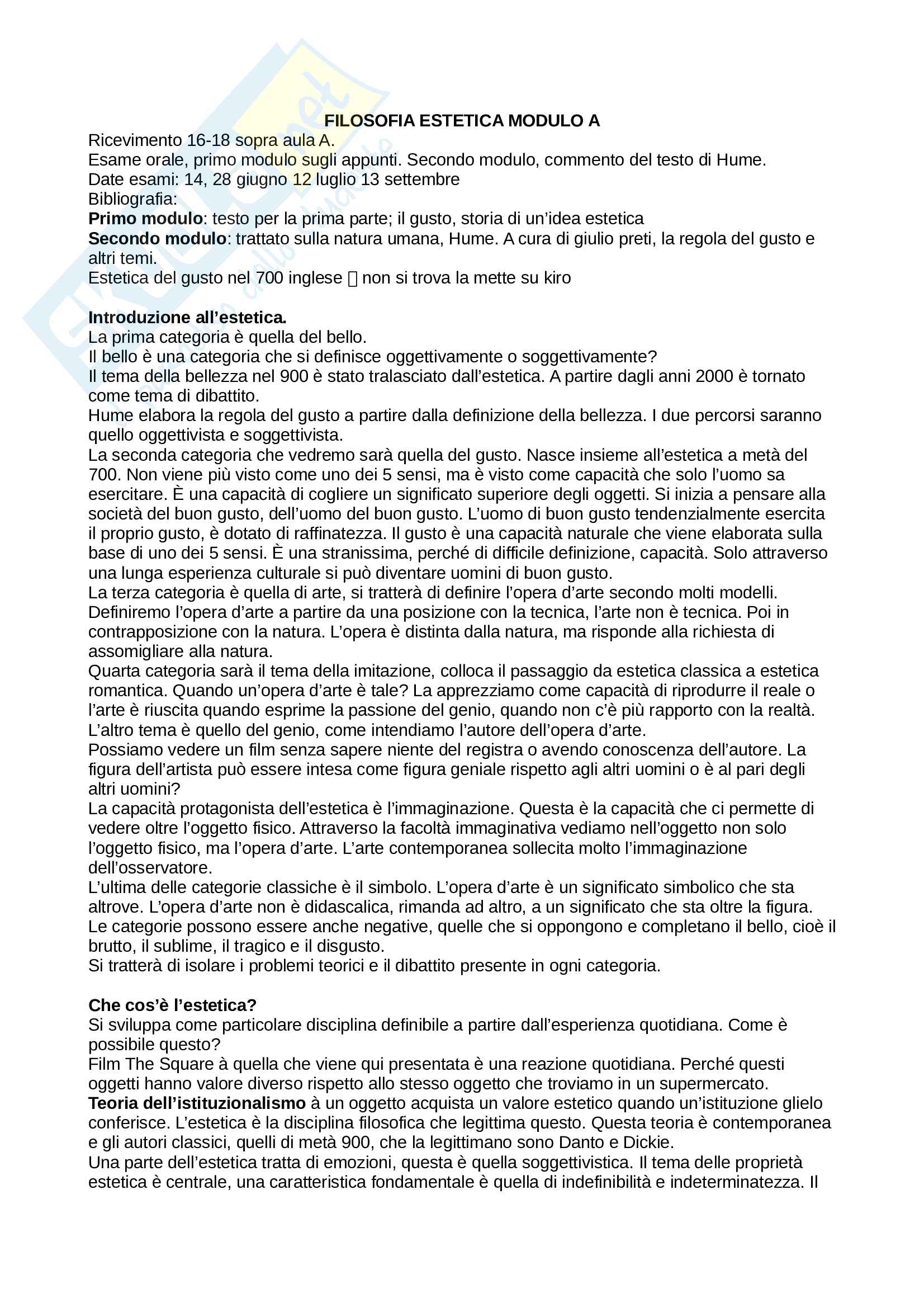 Filosofia estetica, parte istituzionale Pag. 1