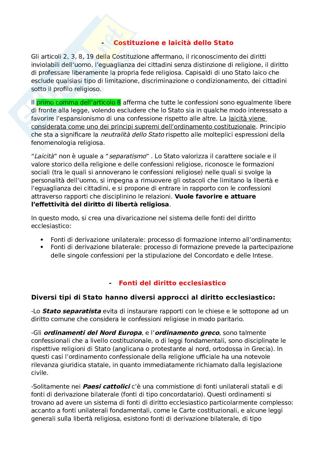 Riassunti di diritto ecclesiastico - Laicità e libertà religiosa Pag. 1