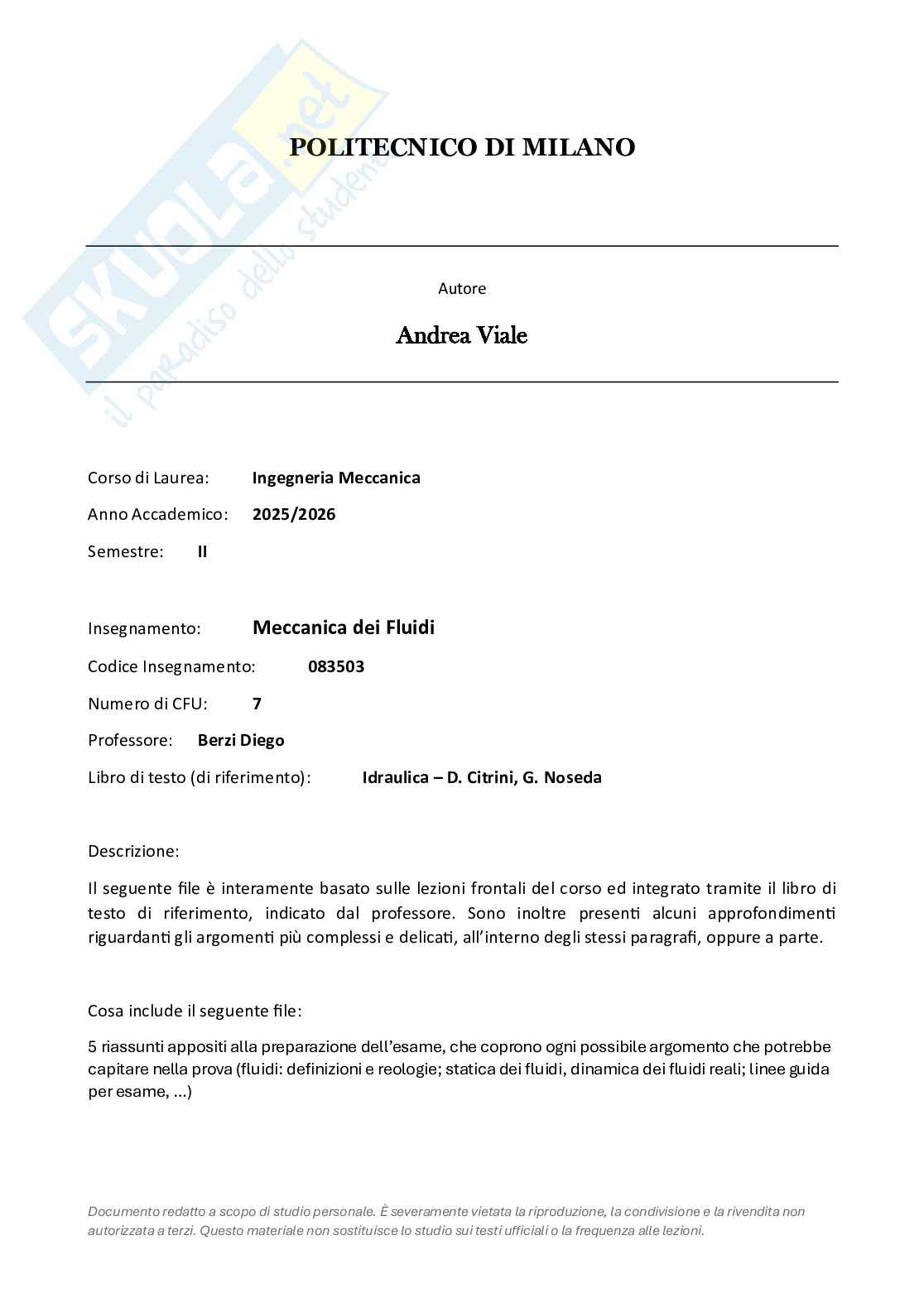 Appunti riassuntivi e Formulari di Meccanica dei fluidi  Pag. 1