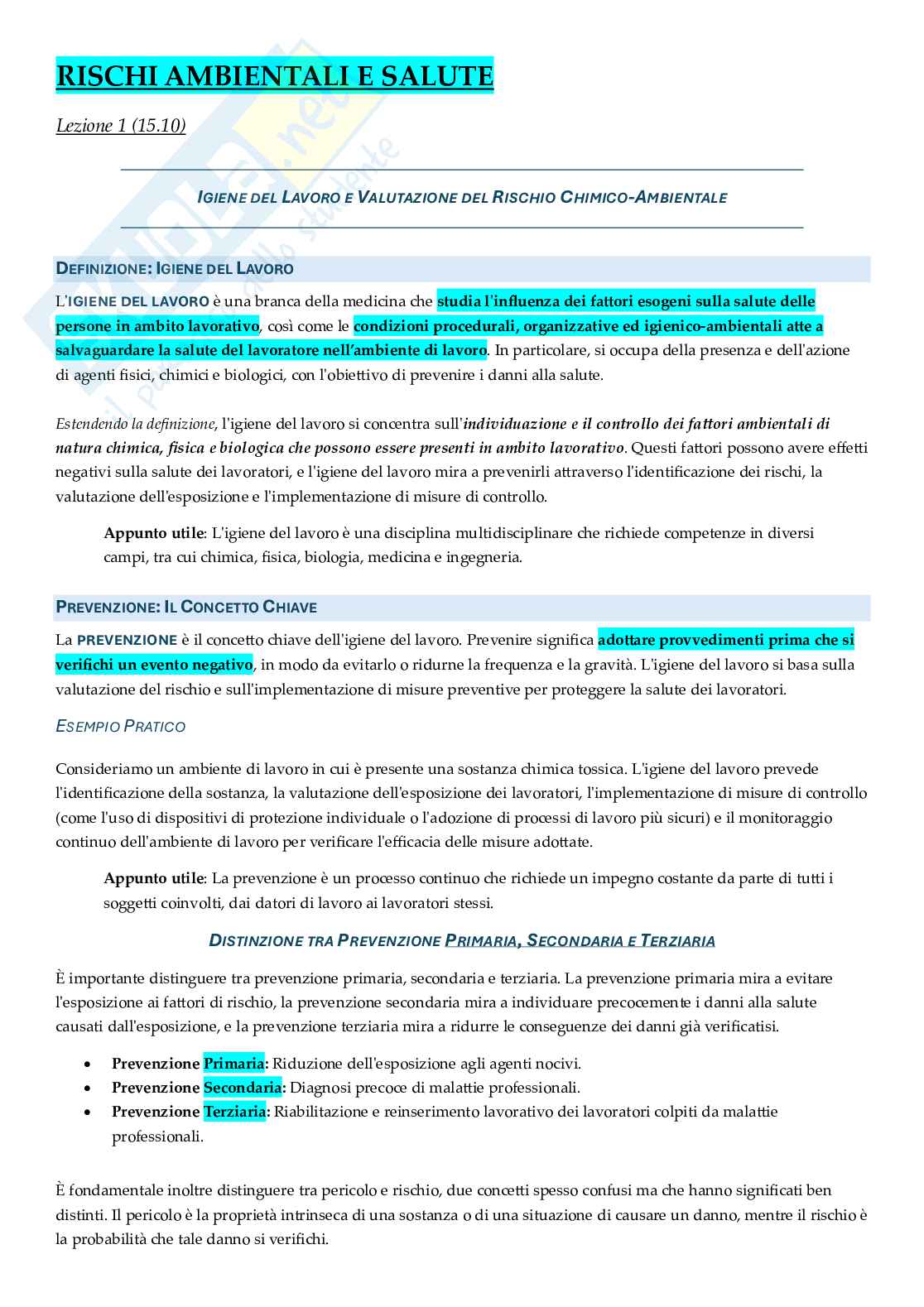 Appunti approfonditi Rischi ambientali e salute Pag. 1