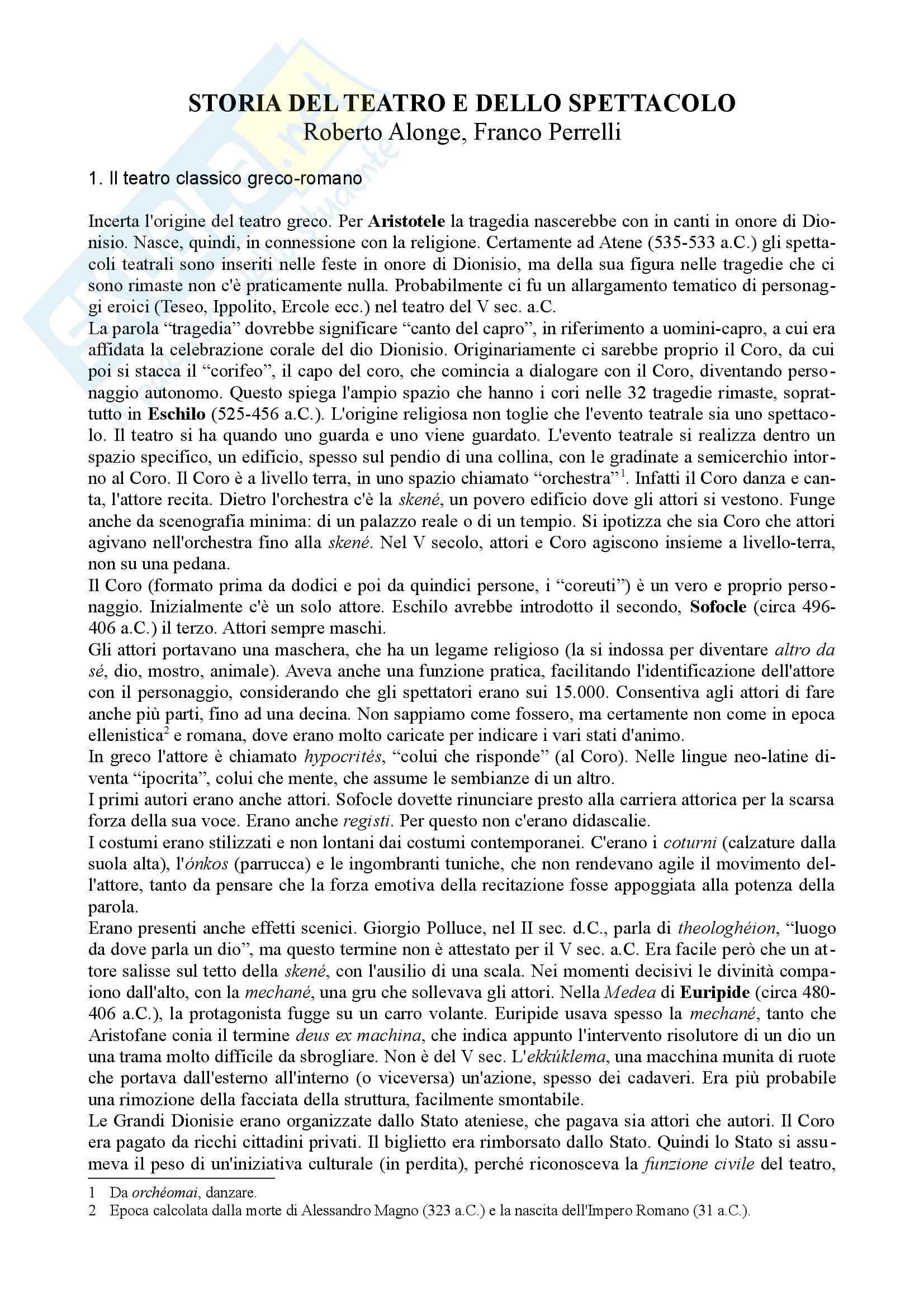 Riassunto esame Storia del teatro e dello spettacolo, prof.ssa Anna Barsotti, libro consigliato Storia del teatro e dello spettacolo, di R. Alonge Pag. 1