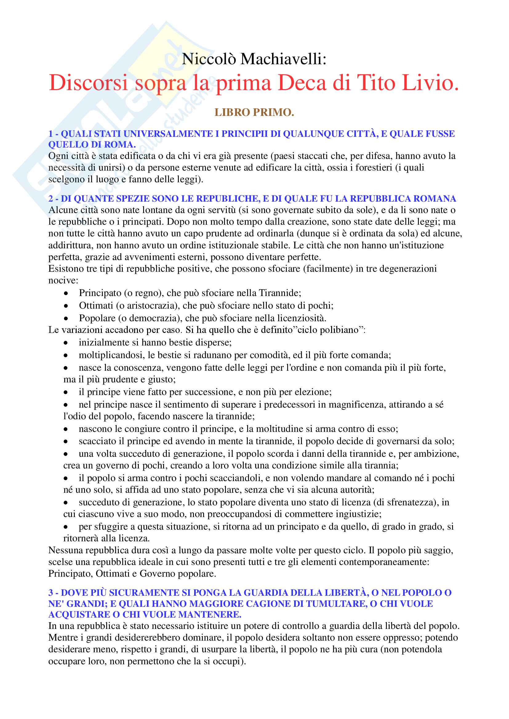 Discorsi Sopra La Prima Deca Di Tito Livio Riassunto Capitoli
