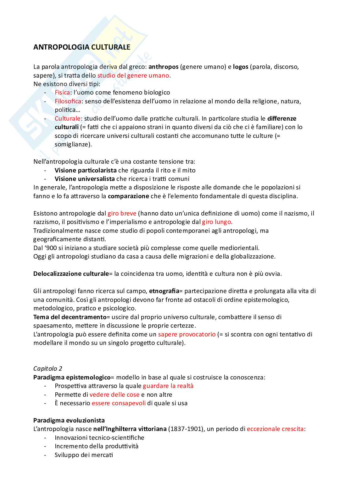Riassunto esame Antropologia culturale, Prof. Biscaldi Angela, libro consigliato Storia dell'antropologia , Fabietti Pag. 1