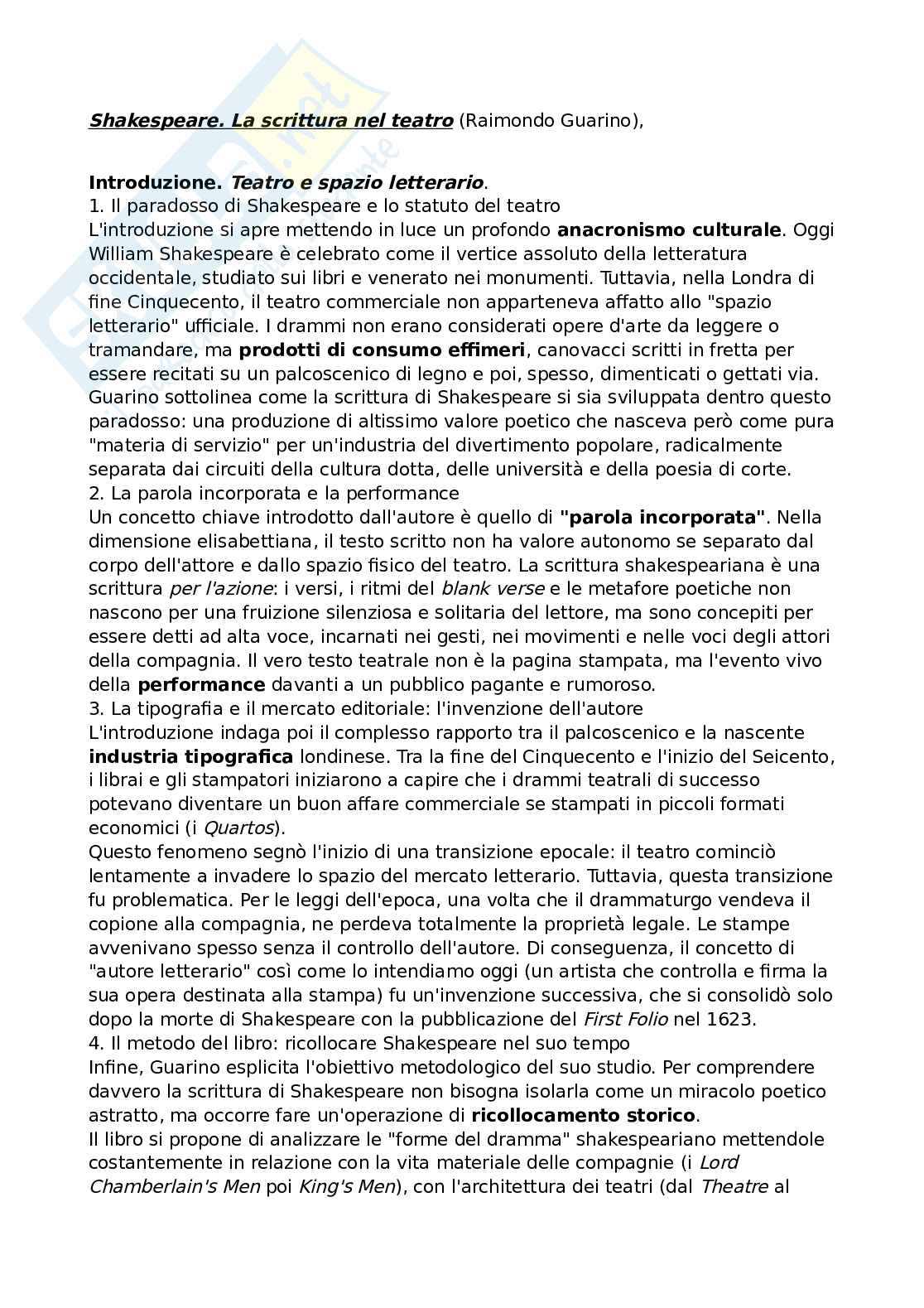 Riassunto esame Teatro, spettacolo, performance, Prof. Guarino Raimondo, libro consigliato Shakespeare. La scrittura nel teatro, Guarino Pag. 1