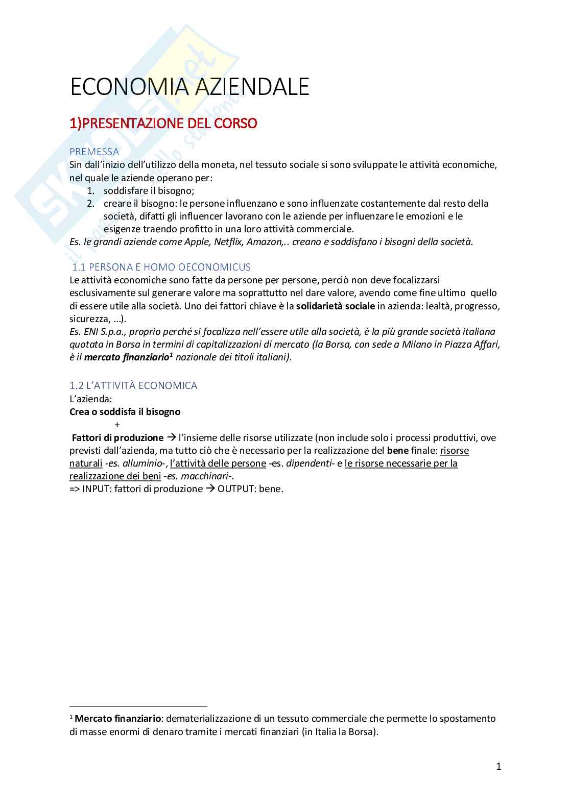 Appunti Economia aziendale - 1 modulo Pag. 1