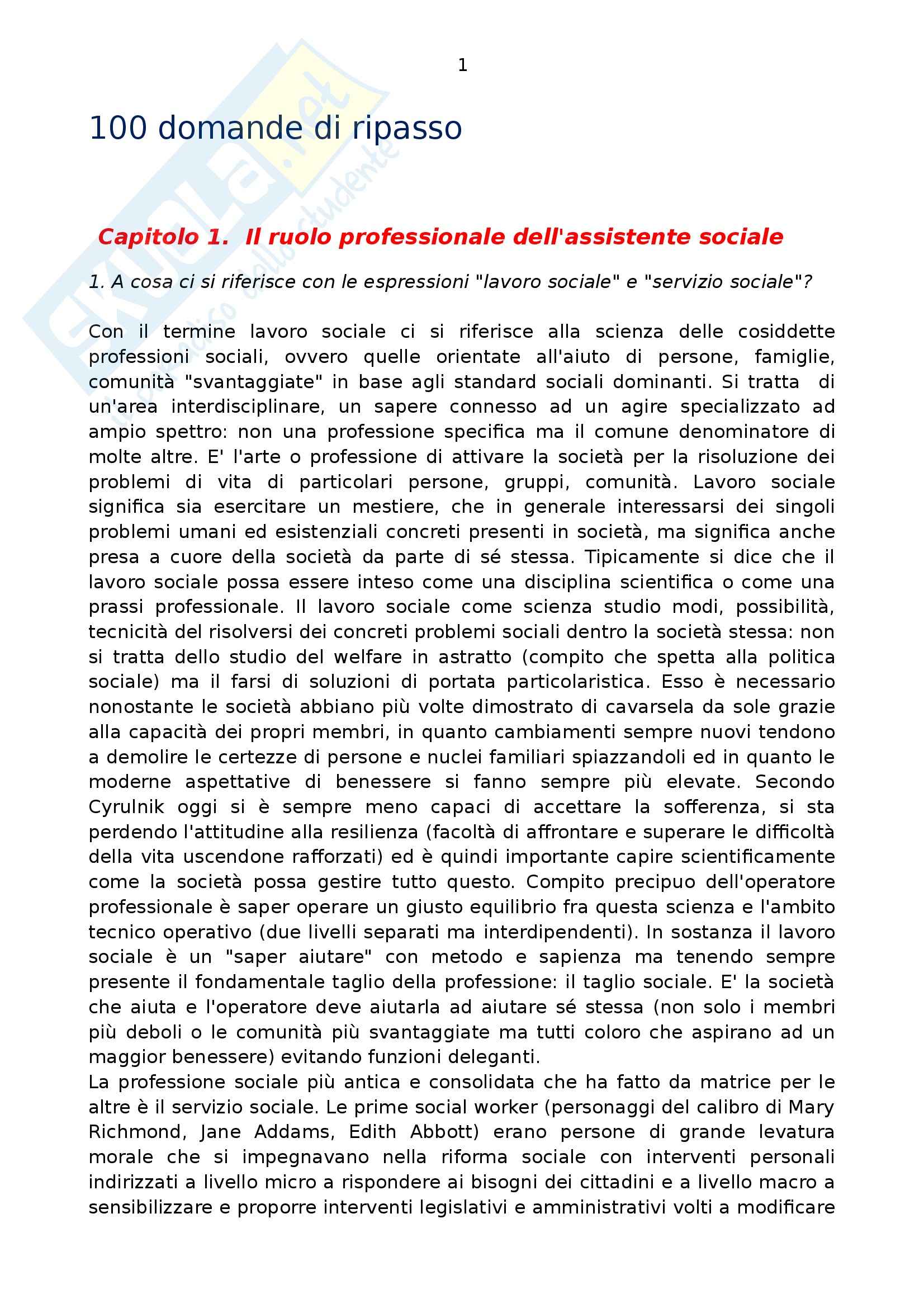 Riassunto esame per Esame di stato per assistente sociale, prof. Folgheraiter, libro consigliato Assistente sociale domanidi M. Luisa Raineri, Erikson Pag. 1