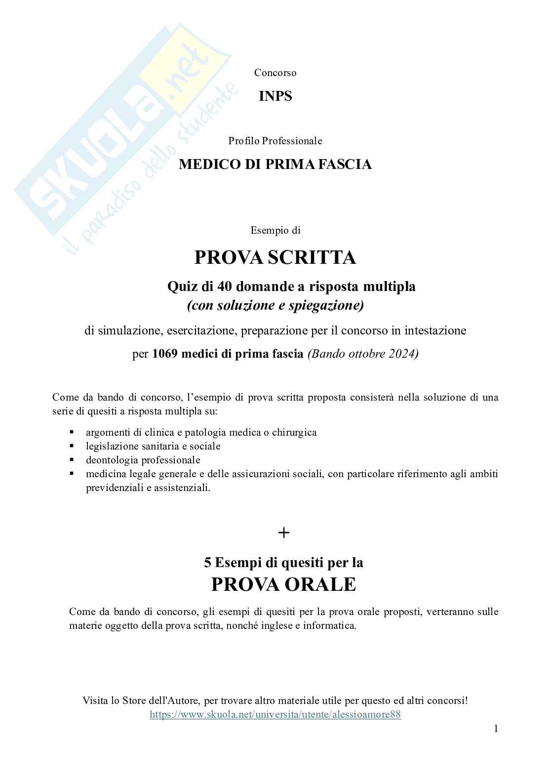 Esempio traccia prova scritta e orale Concorso INPS 1069 medici prima fascia-quiz quesiti test risposta multipla svolti con soluzione Pag. 1