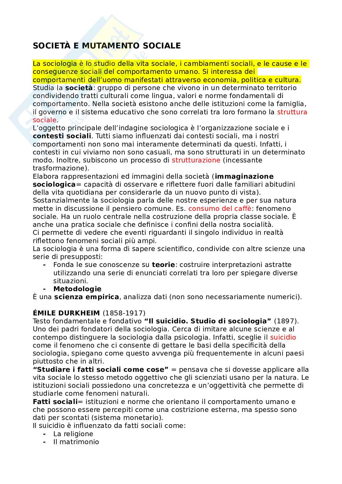 Riassunto esame Società e mutamento Sociale, Prof. Bonizzoni Paola, libro consigliato Fondamenti di sociologia , Giddens, Sutton Pag. 1
