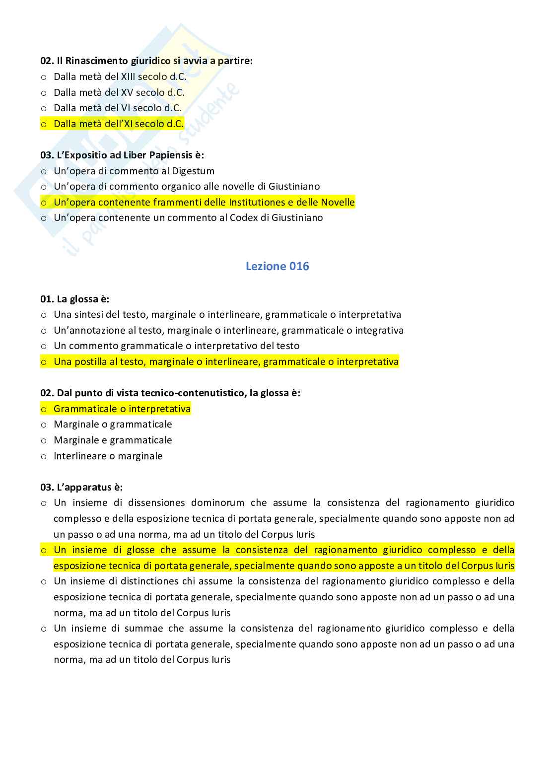 Paniere compilato con risposte chiuse di Storia del diritto italiano Pag. 11