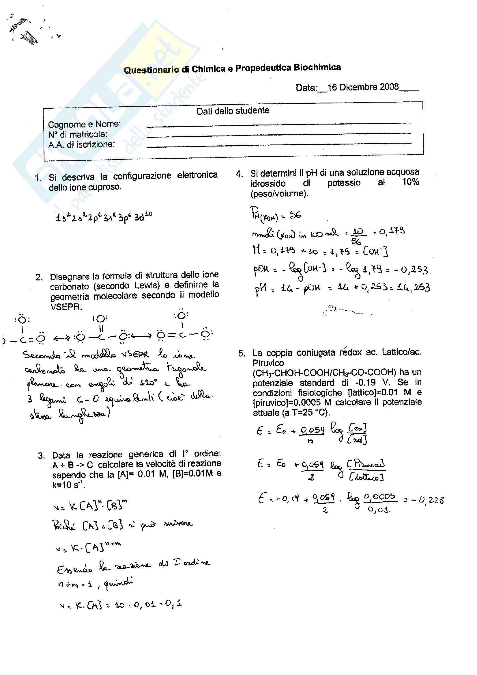 Esercitazione - test di chimica Pag. 1