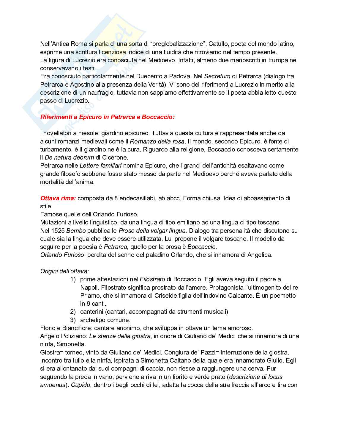 Riassunto esame Letteratura italiana I, Prof. Canfora Davide, libro consigliato Letteratura italiana. Manuale per studi universitari. Vol. 1: Dalle origini a metà Cinquecento, Alfano, Italia, Russo, Tomasi Pag. 11