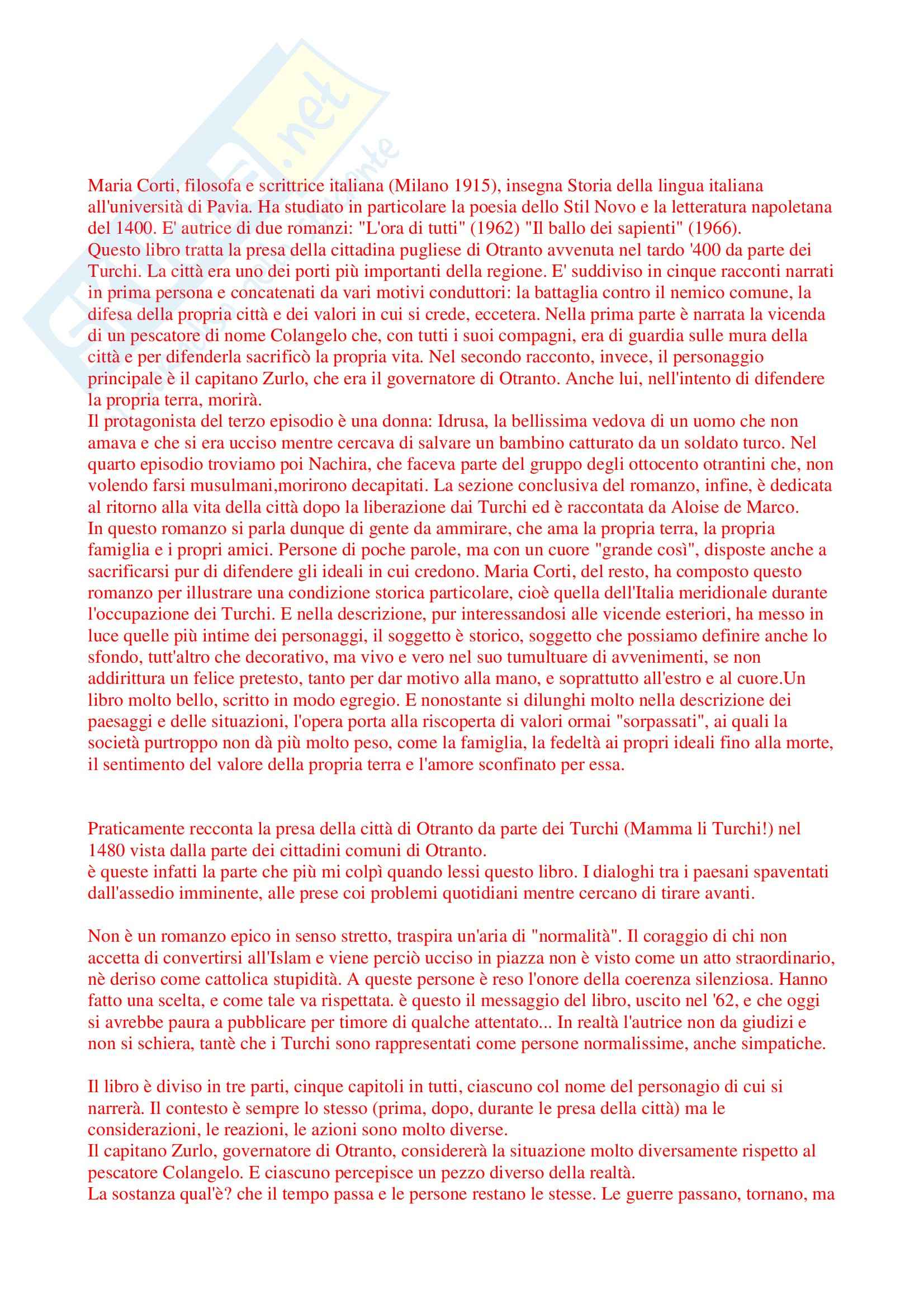 Riassunto esame Letteratura Italiana, prof. Giglio, libro consigliato L'Ora di Tutti, Corti Pag. 1
