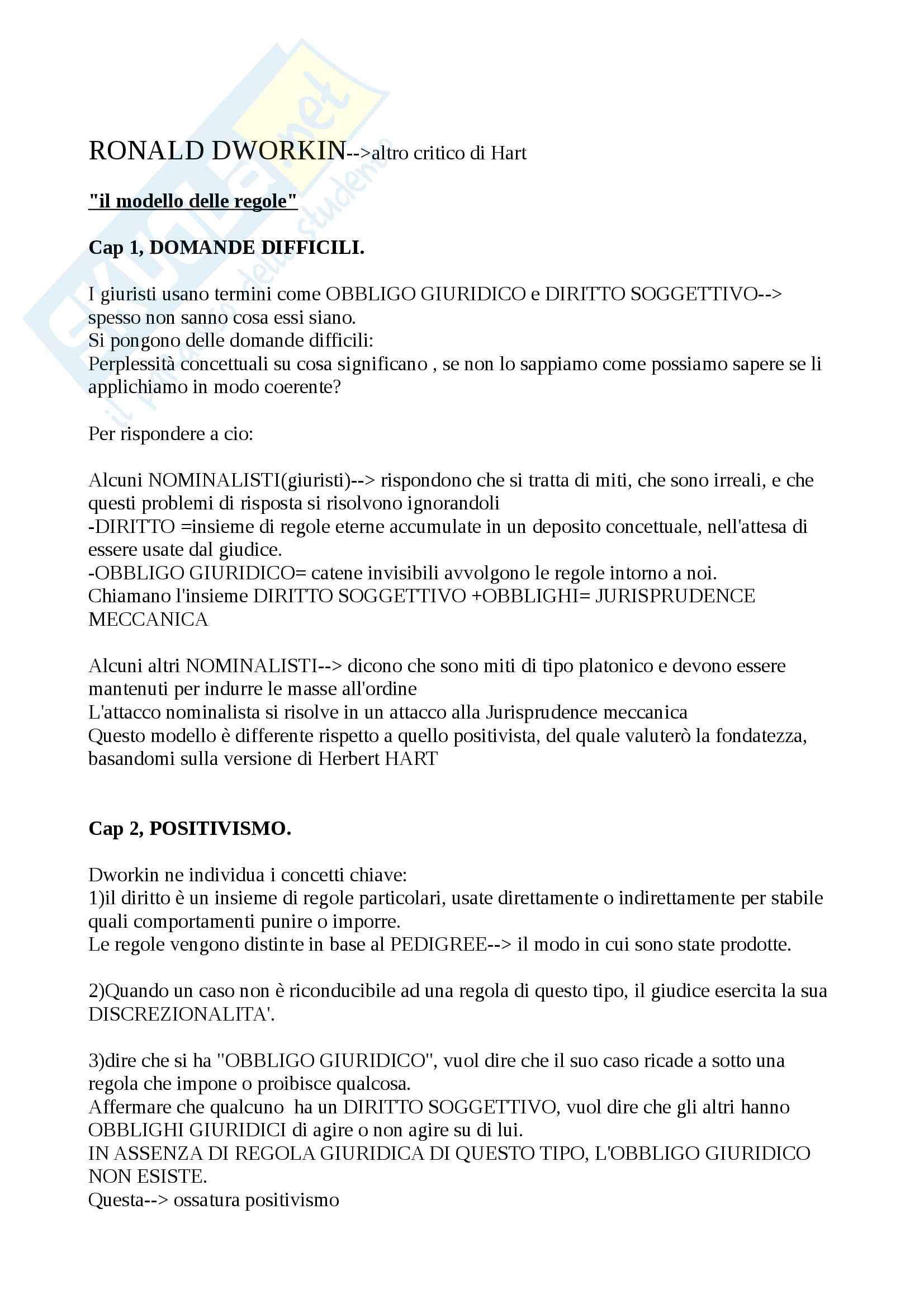 Schemi su Ronald Dworkin, Filosofia del diritto Pag. 1