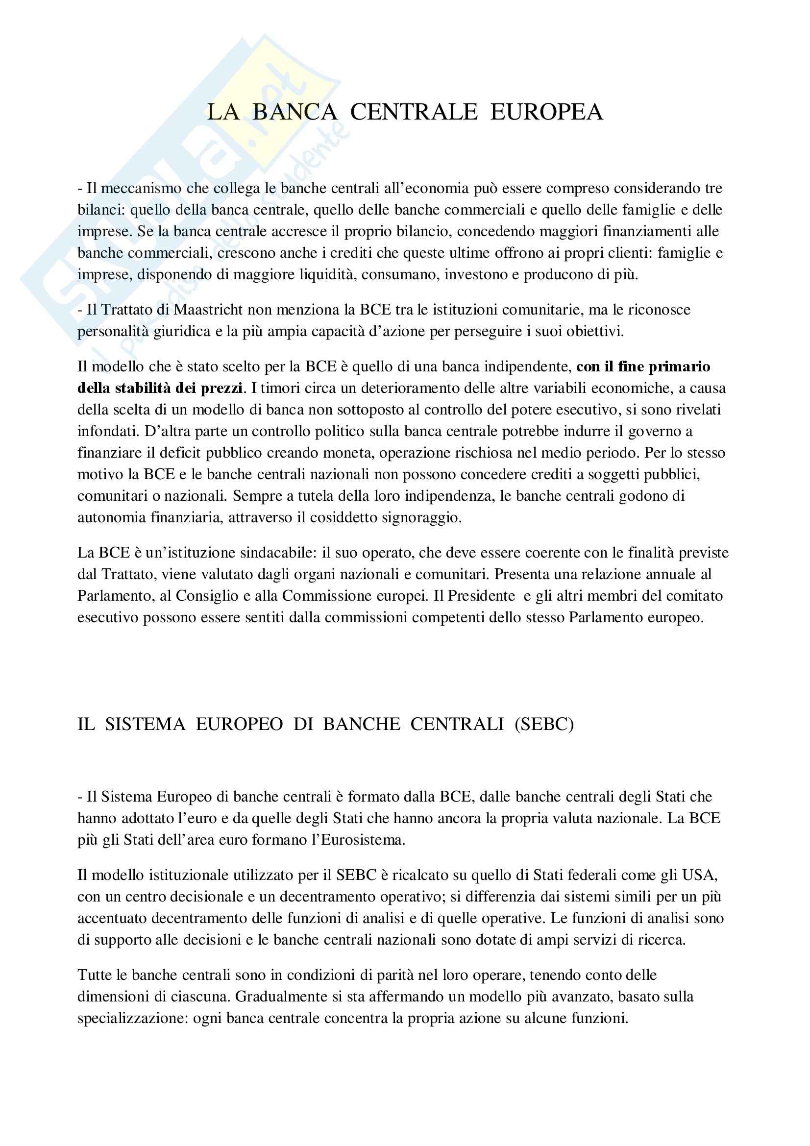 Economia politica - la Banca Centrale Europea Pag. 1