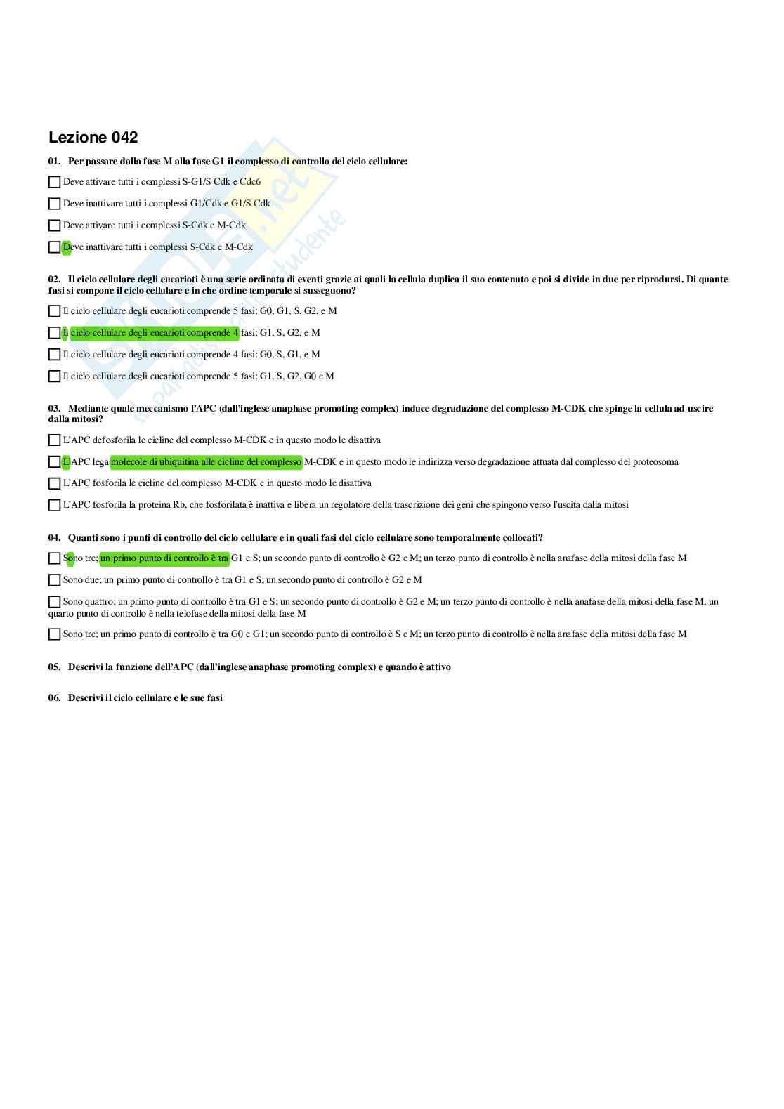 Paniere Biologia generale - Risposte multiple (2026) Pag. 56